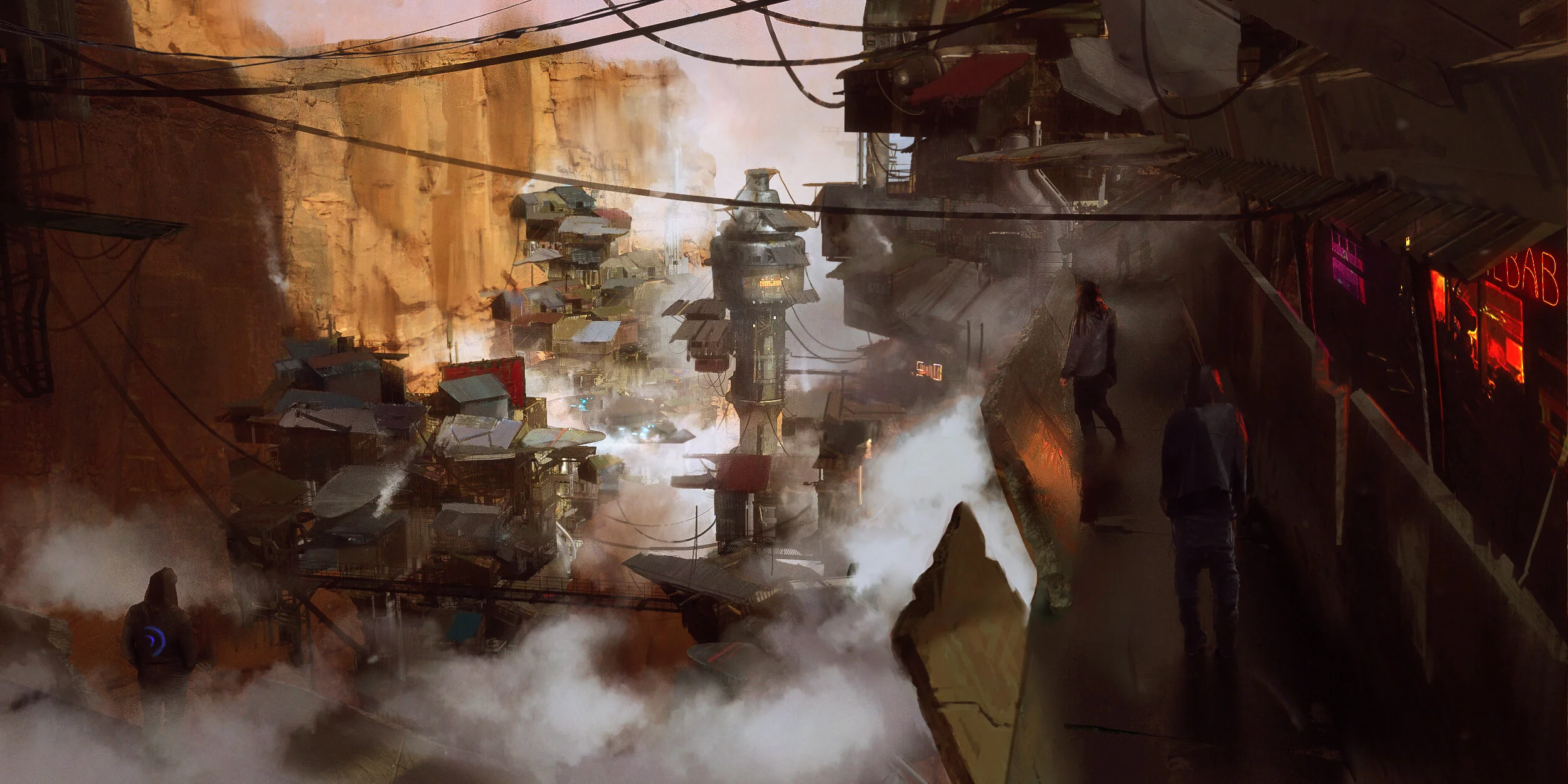 A futuristic dystopian cityscape with tall, irregular buildings, smoke, and haze. People walk along a narrow ledge on a building's edge, overlooking the chaotic, smoky street below.