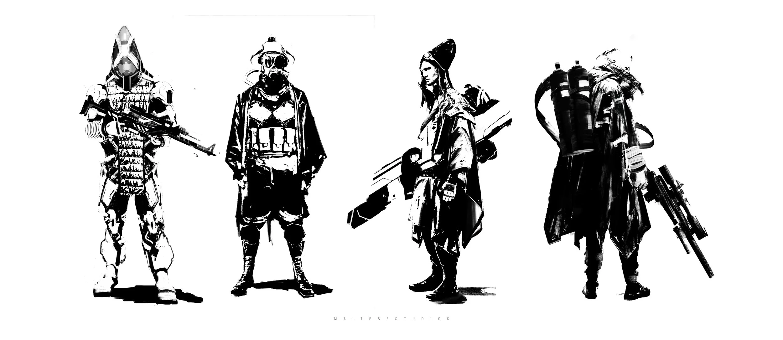 Black and white digital illustration of four futuristic soldiers in armor, each holding a weapon, standing side by side against a white background.