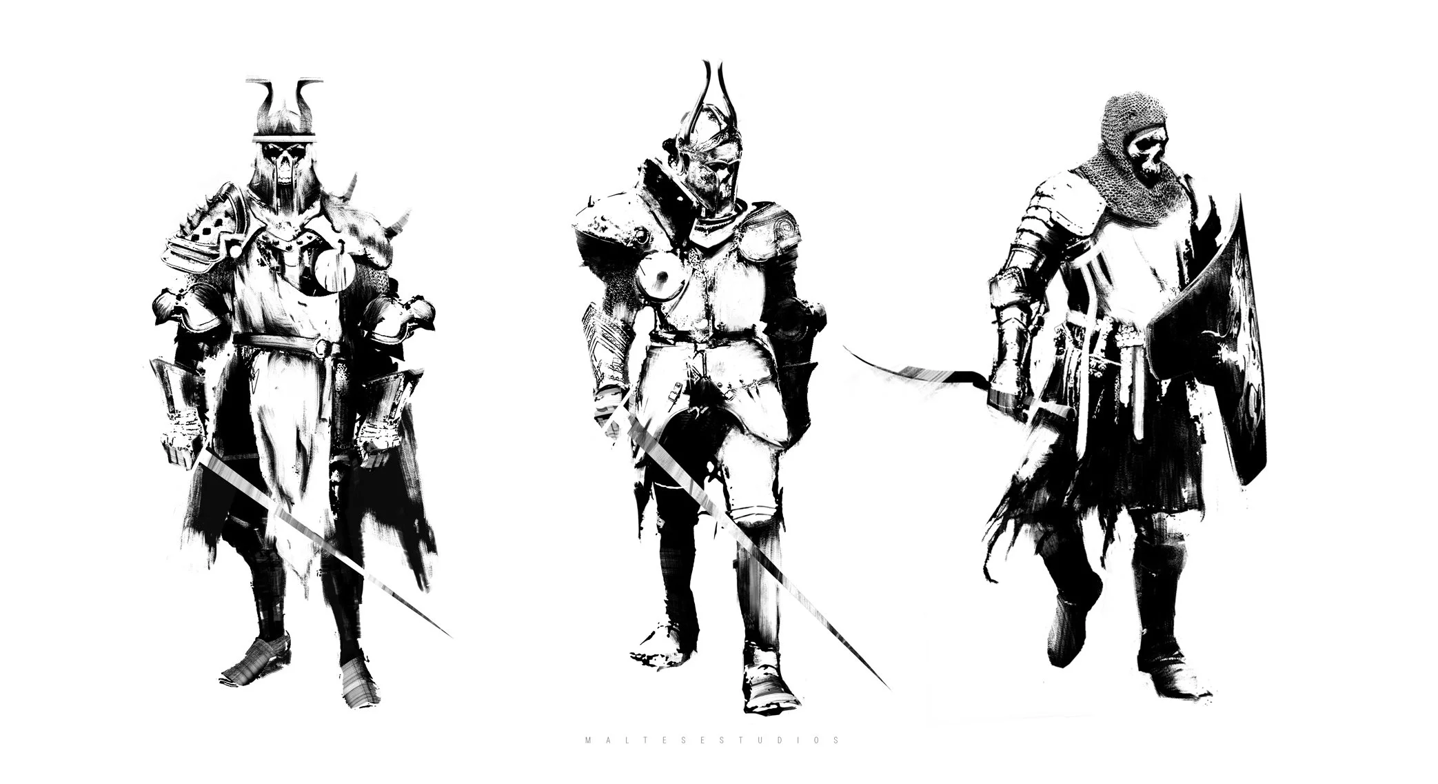 Black and white illustration of three medieval or fantasy warriors in armor, standing side by side, each holding weapons and shields.