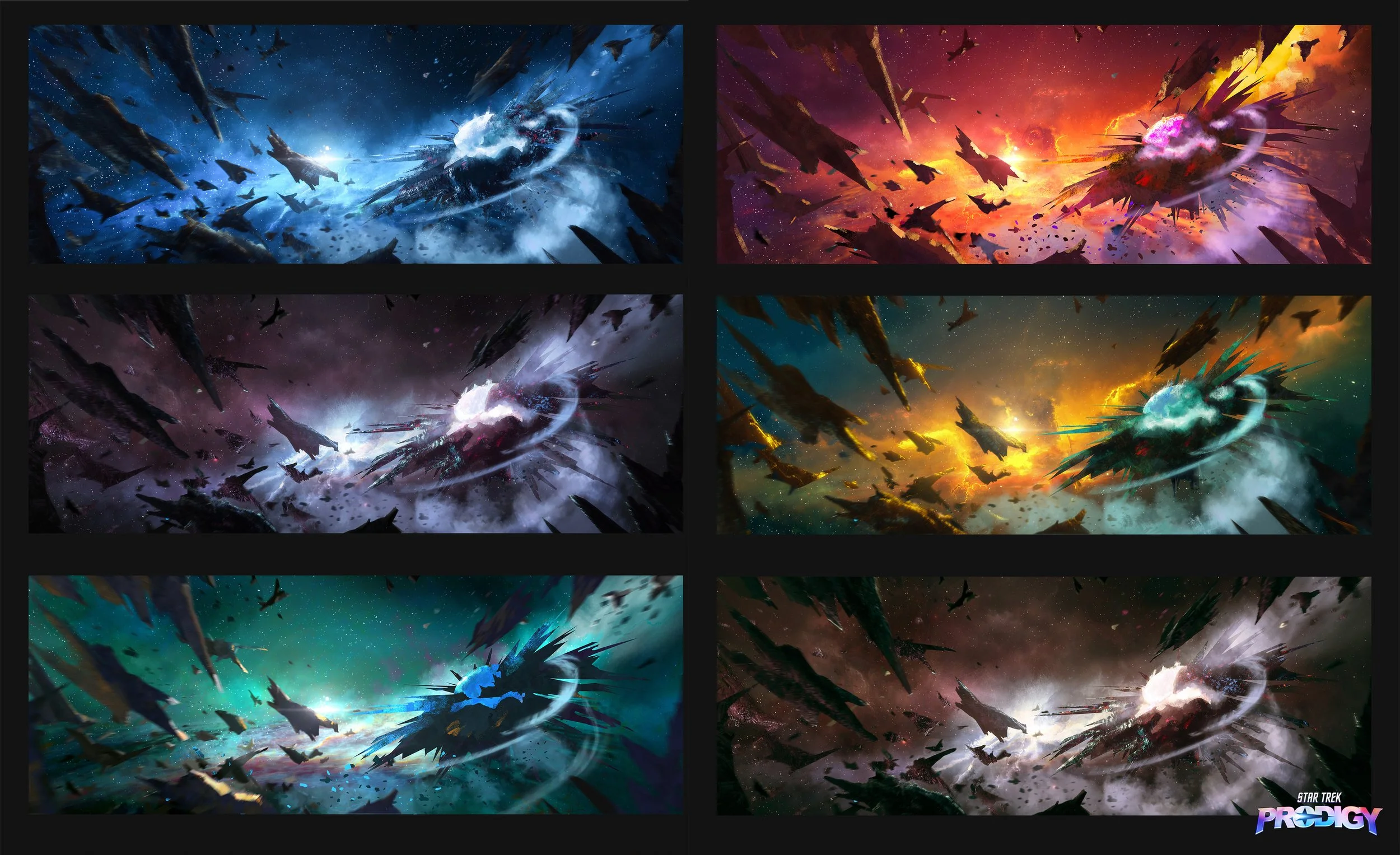 Six colorful digital space scenes of a starship battle from Star Trek Prodigy, with ships in various color themes and backgrounds