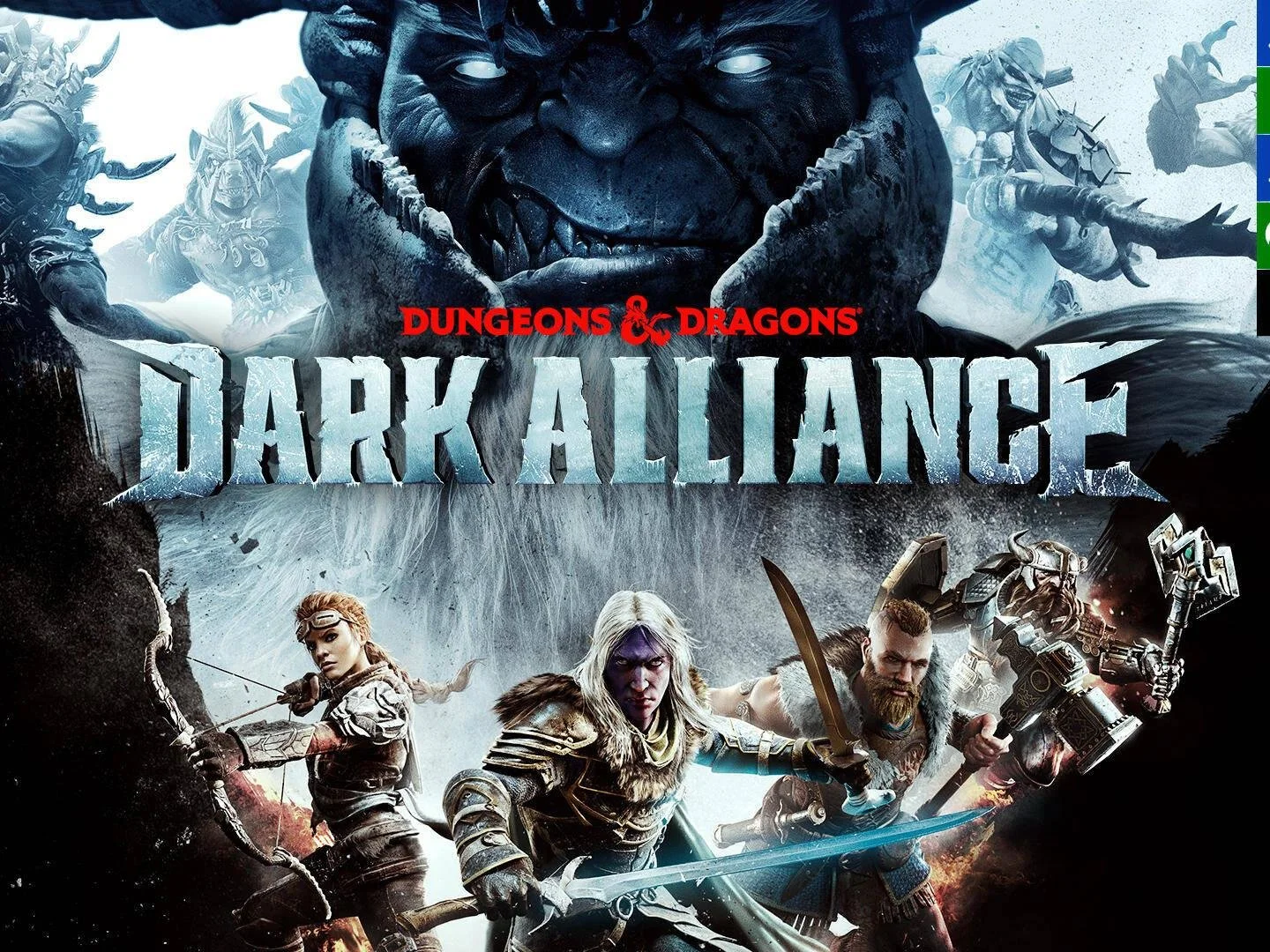Video game cover art for 'Dungeons & Dragons: Dark Alliance' featuring a giant monster at the top, surrounded by fantasy characters wielding weapons in action poses.