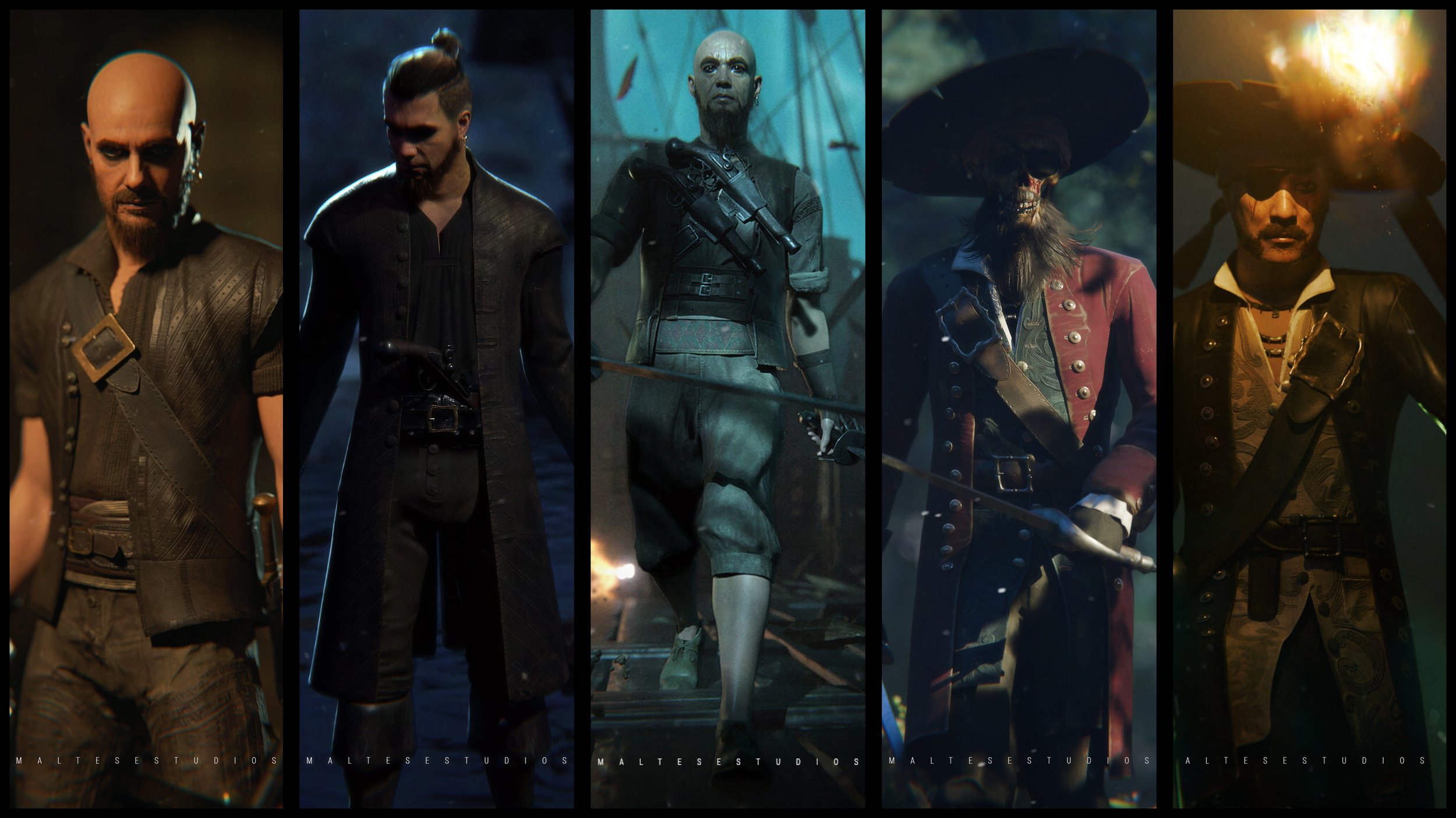 Five men dressed as pirates or sailors on a ship, with one man on the far right holding a torch that is on fire.