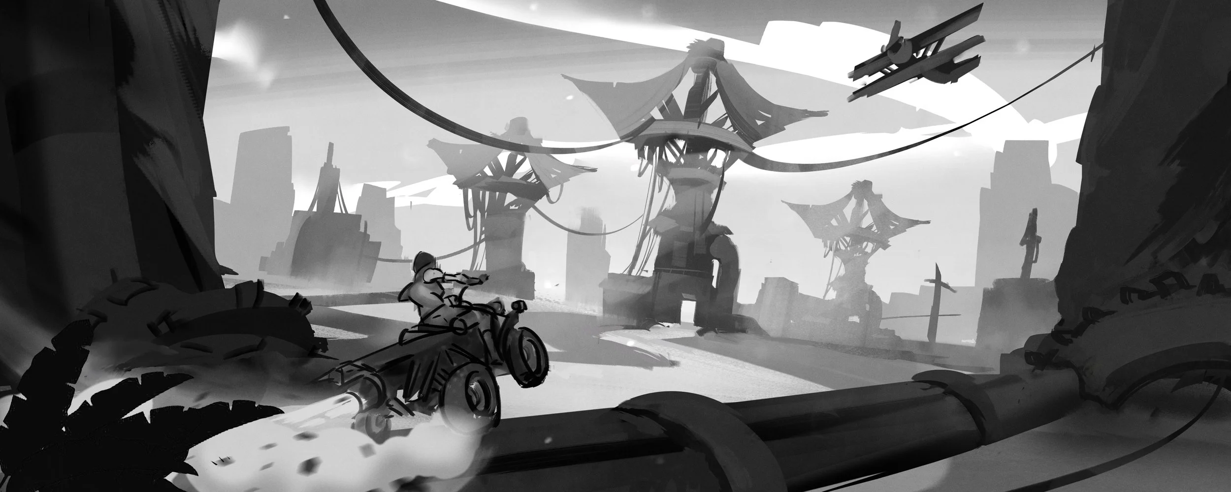 A person riding a futuristic motorcycle through a dystopian cityscape with damaged skyscrapers and dilapidated structures. The scene is monochromatic, with a flying aircraft overhead.