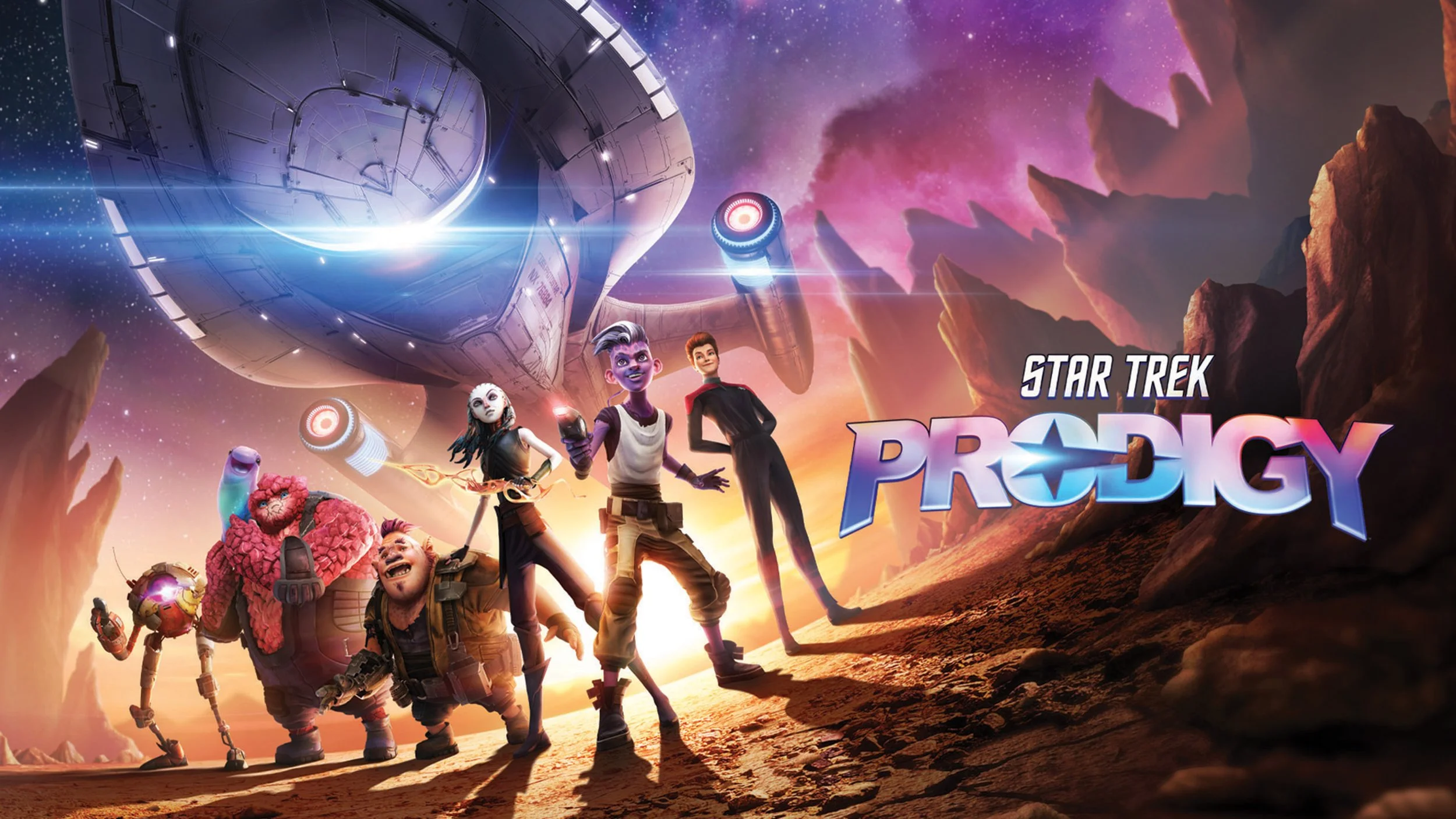 Animated space scene with spaceship, characters, and the text 'Star Trek Prodigy.'