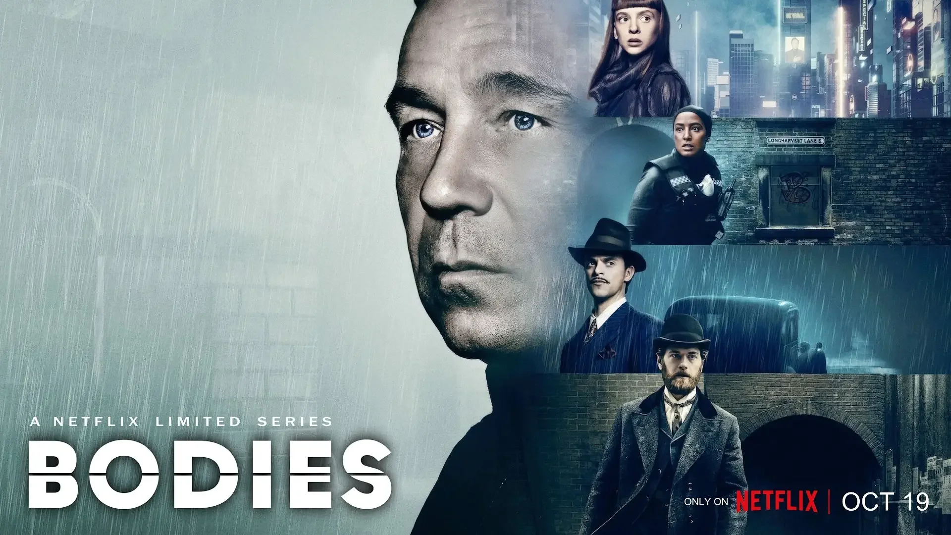 Poster for the Netflix series 'Bodies' featuring a collage of Victorian and modern characters, with a rainy city background
