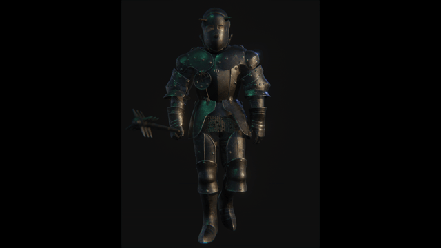 A black knight in armor holding a trident, set against a dark background.