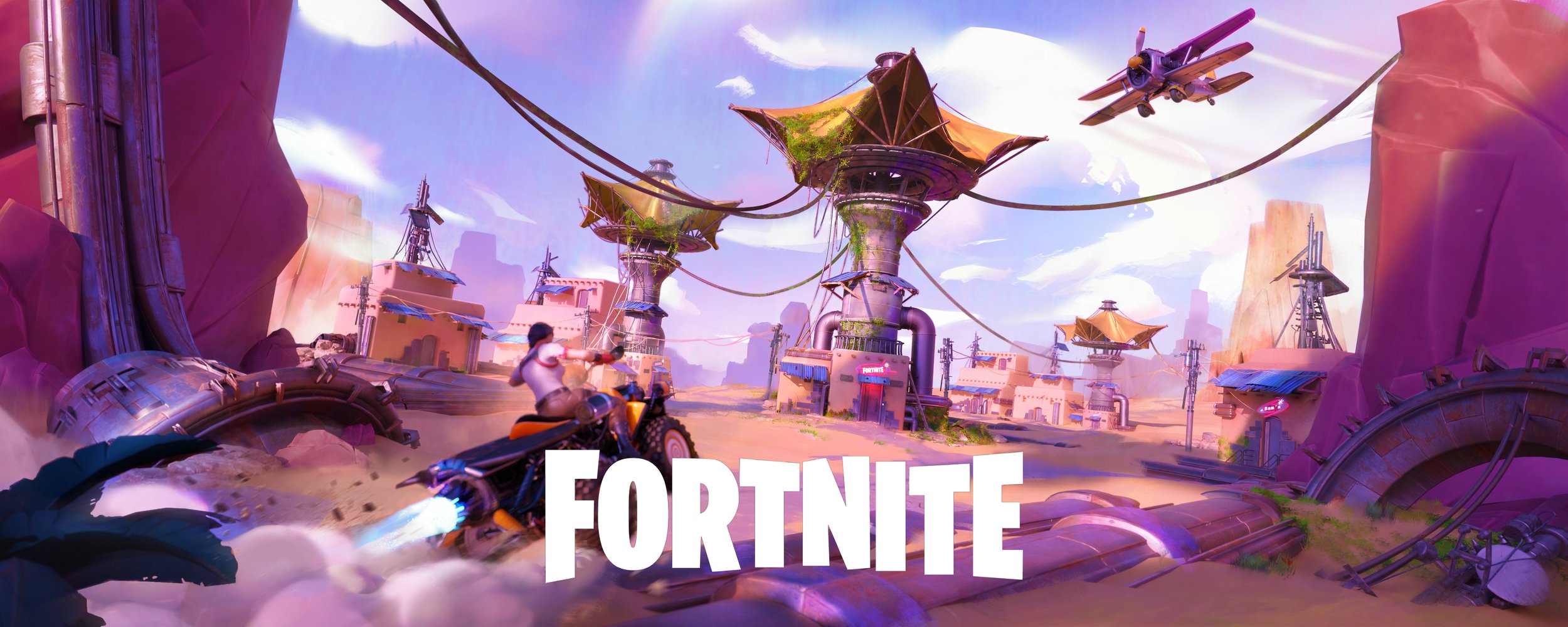 A vibrant, animated scene from the game Fortnite featuring a character riding a motorcycle in a colorful, futuristic town with large rock formations, tall structures with satellite dishes, and flying aircraft in the sky, with the Fortnite logo at the