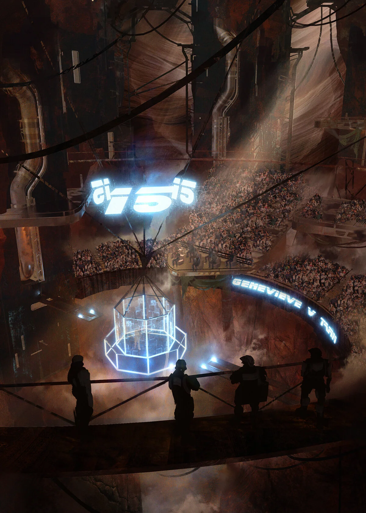 Silhouettes of four security personnel standing on a platform, overlooking a large underground arena with a crowd and futuristic glowing structures, including a central hexagonal glass enclosure and illuminated signs.