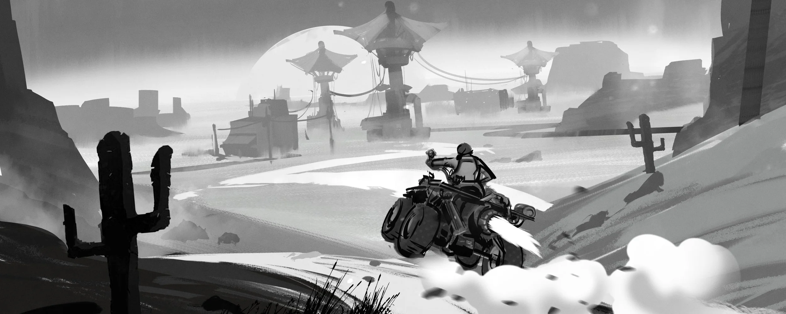 A monochrome illustration of a person riding a motorcycle through a desert landscape with cacti, mountains, and futuristic domed structures in the background, set during a cloudy day.