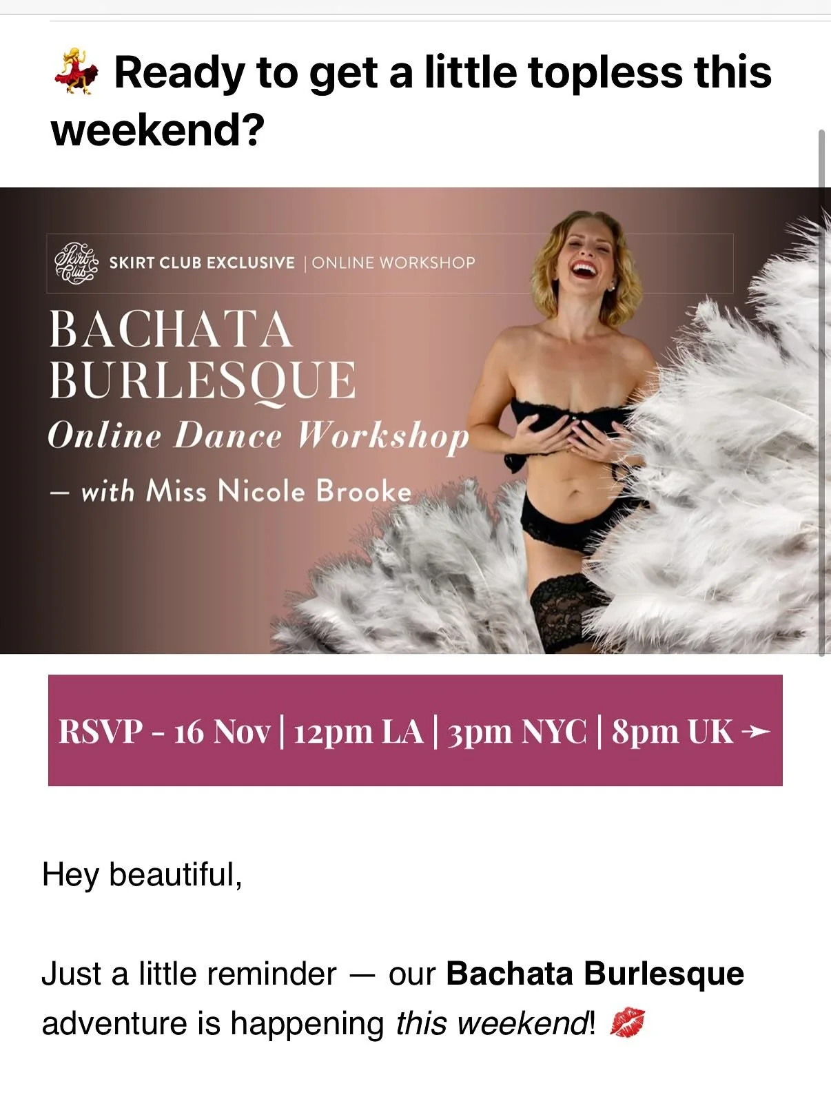 📣 Special deal for women interested in joining Skirt Club (read until the end) 🔔

✨This Sunday, Nov. 16th is a very special day! 

✨I&rsquo;ll be hosting my newest signature creation, Bachata Burlesque, with an organization close to my heart: @skir