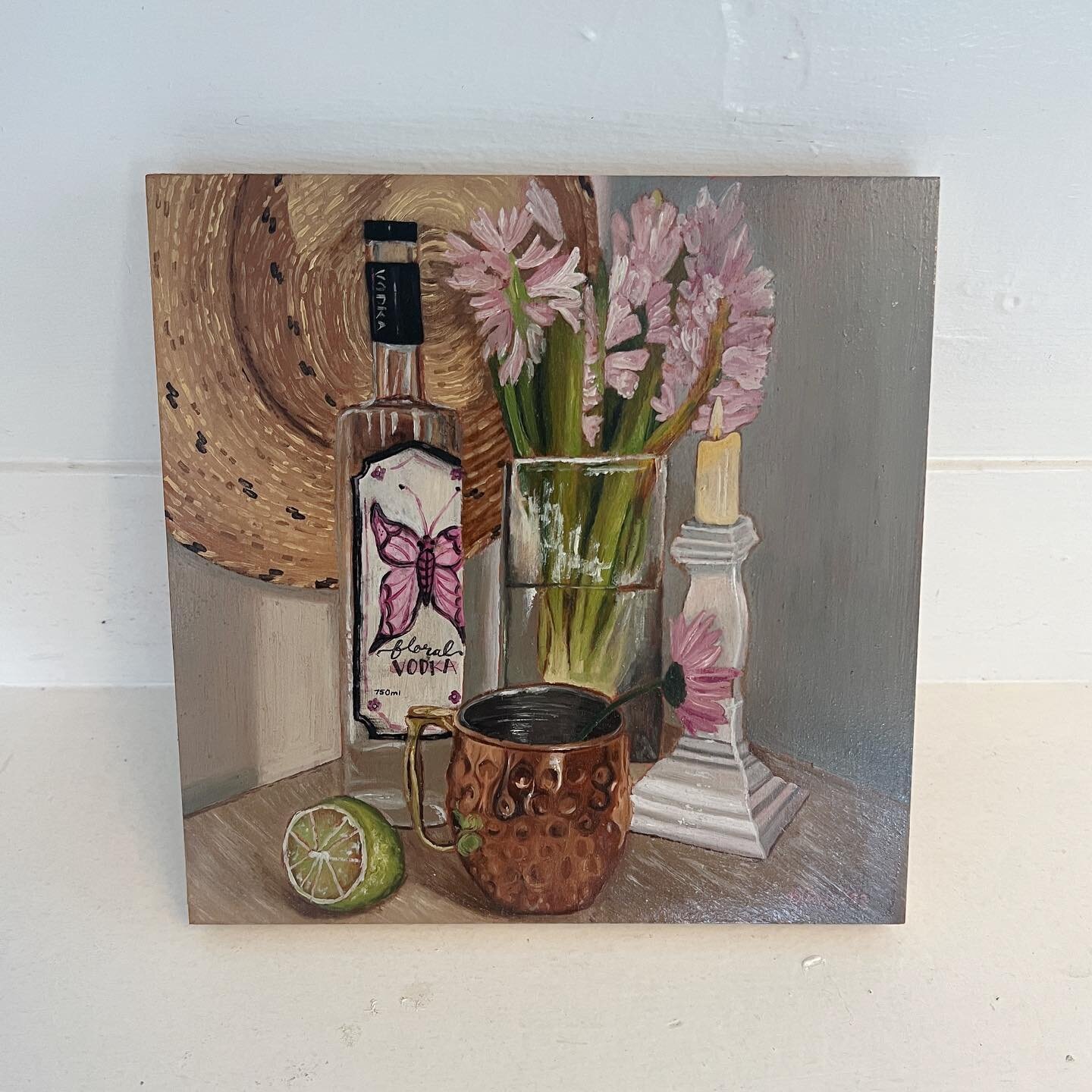 Another still life for the @artcentralslo Flowers &amp; Flutterby&rsquo;s shower starting next week 🌸🍸
.
.
.
.
.
.
.
.
.
.
.
.
#vodka #oilpainting #stilllife #hyacinths #moscowmule #coppermug #lime #sanluisobispo #localartist #artistsoninstagram