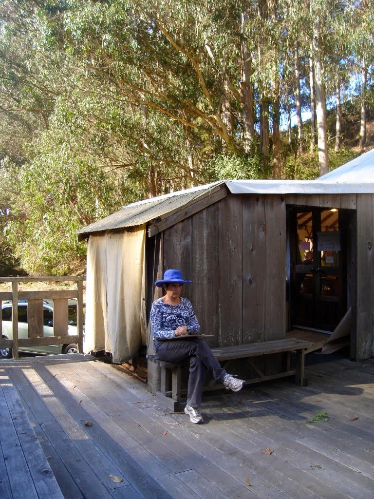 Jane Hibbard outside the yurt studio (photo by Judee Humburg)