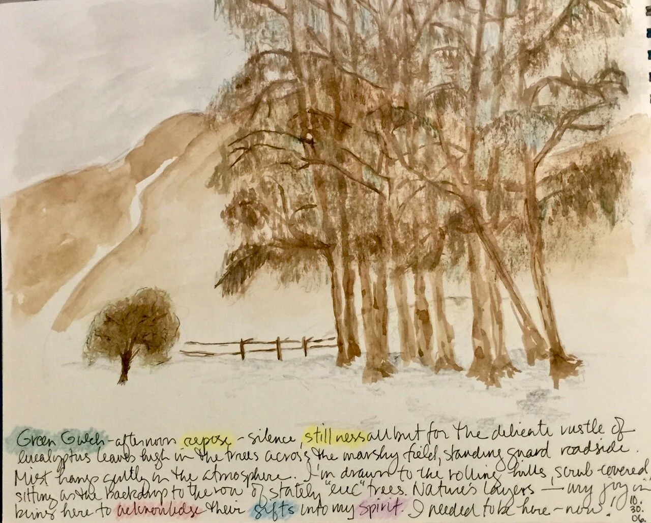 Judee Humburg, Only Rustling Leaves Dissolve the Stillness,  Watercolor, Green Gulch Farm, 12” x 14”