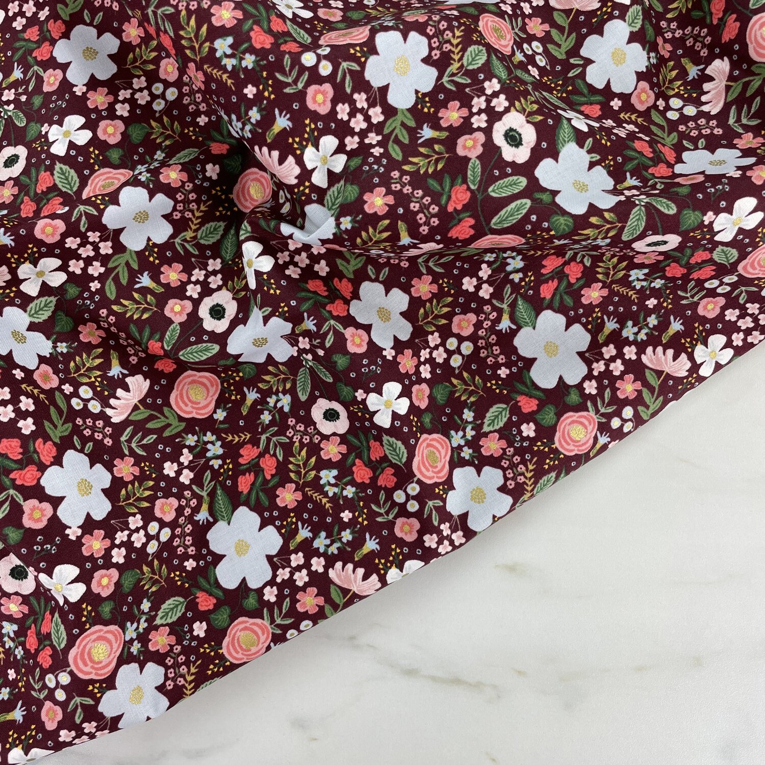 GARDEN PARTY Steel Wild Rose Burgundy Metallic by Rifle Paper Co RP303-BU5M Cotton