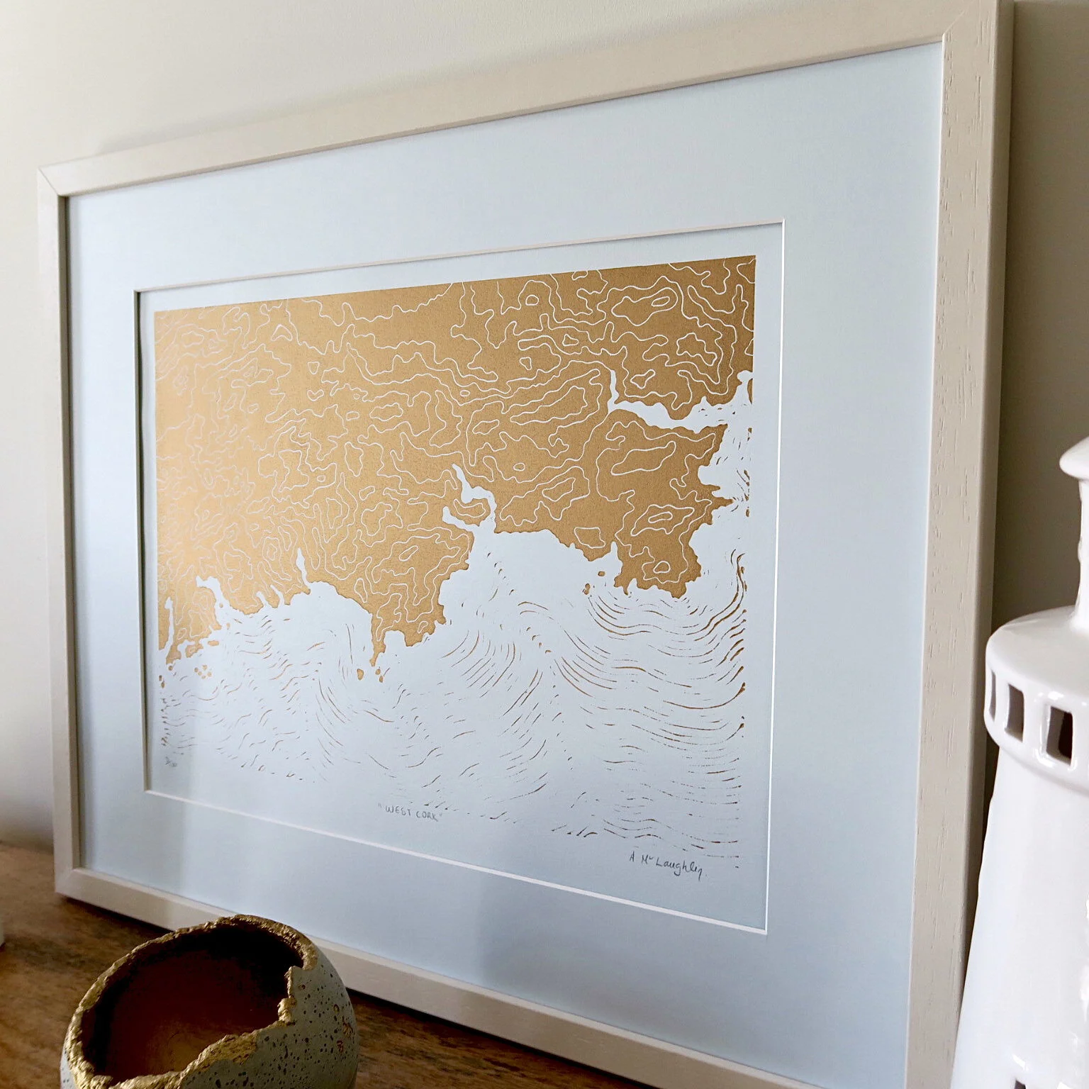 A framed map of the southeastern coast of Ireland, showing contour lines and geographic features in beige and white.