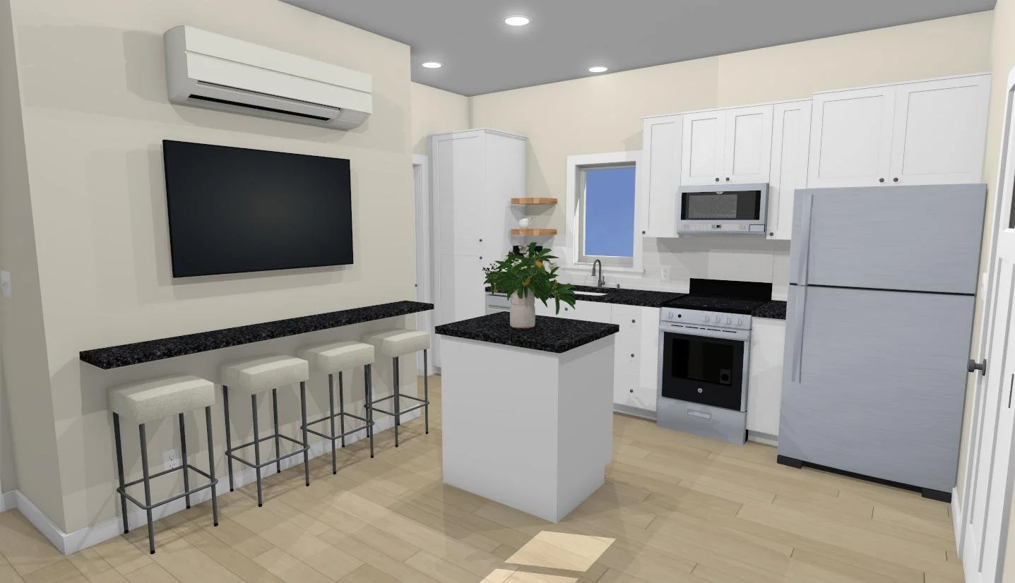 Modern kitchen with white cabinets, black countertops, stainless steel appliances including a microwave, stove, and refrigerator, a window above the sink, an island with a potted plant, and a wall-mounted TV with a small bar counter and four white st