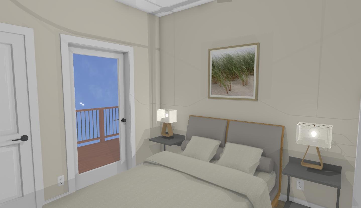 Bedroom with a bed, two nightstands with lamps, a framed picture of grass, and a glass door leading to a balcony and outdoor blue sky.