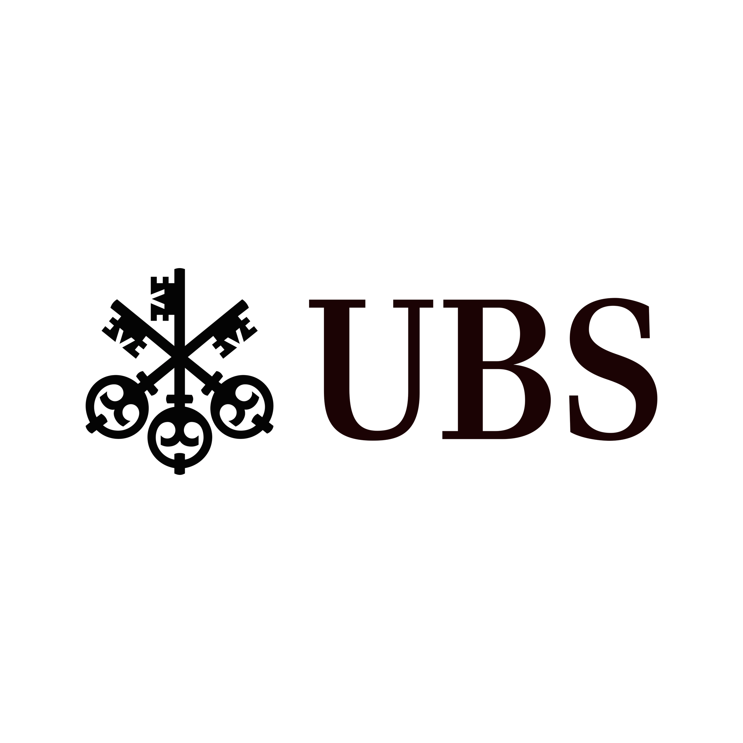 UBS logo with a black and red design, featuring a stylized cross with hearts and keys on the left side.