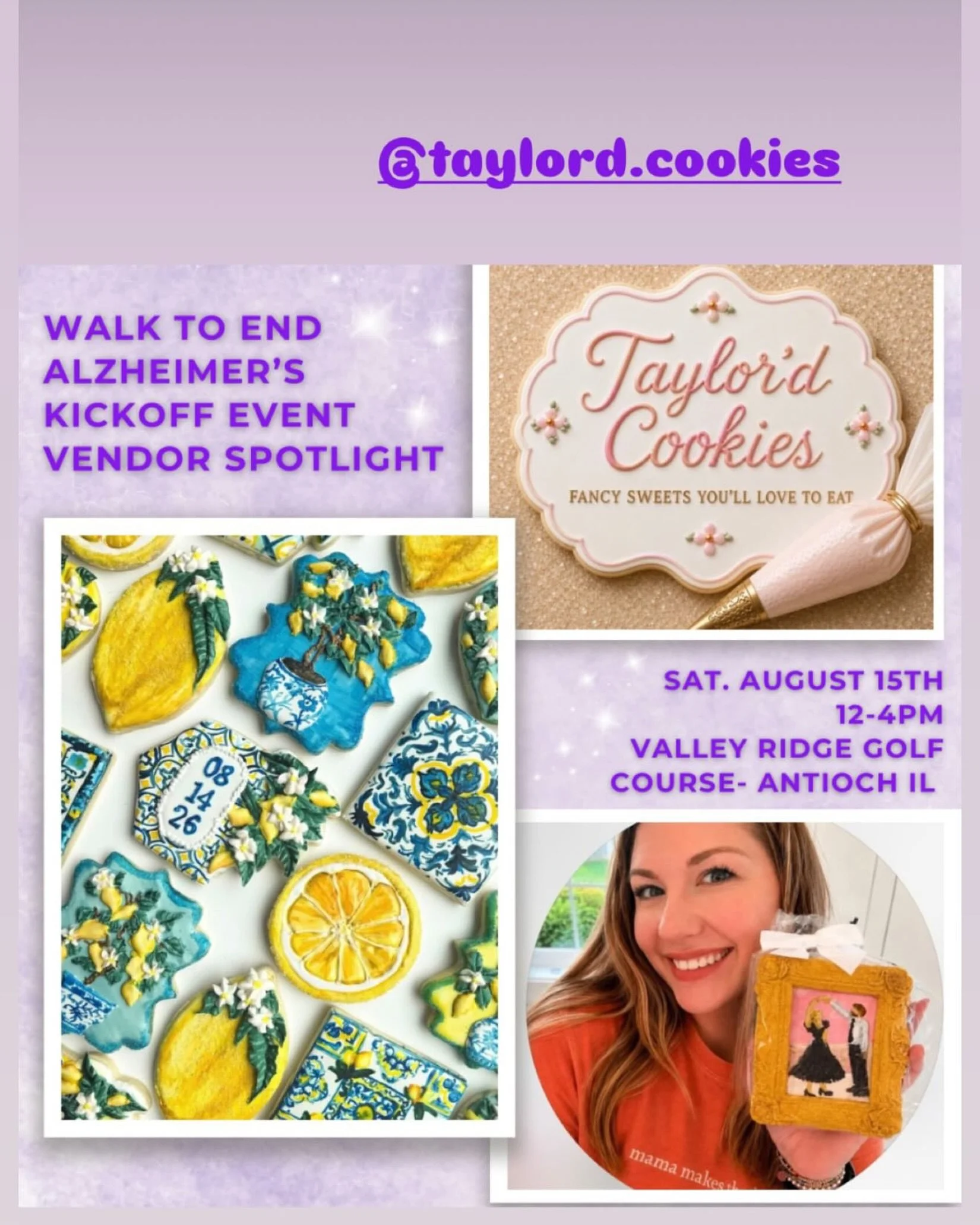 Cookies for a cause! 

Come see me this Saturday (Aug 15th) at the vendor market for the Walk to End Alzheimer&rsquo;s kickoff event! 👟

I will have paint your own cookies for the kids, back to school treats, cookie pops, minis and more! 

I will al