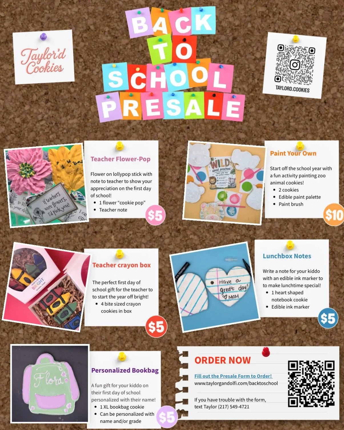 School is (almost) back in session! 🍎 

I have several different options for teachers / students to kick off the new year! 

$10 Teacher gift flower-pop 
$5 Paint your own cookies 
$5 Teacher gift crayon box 
$5 Lunchbox notes 
$5 Personalized backp