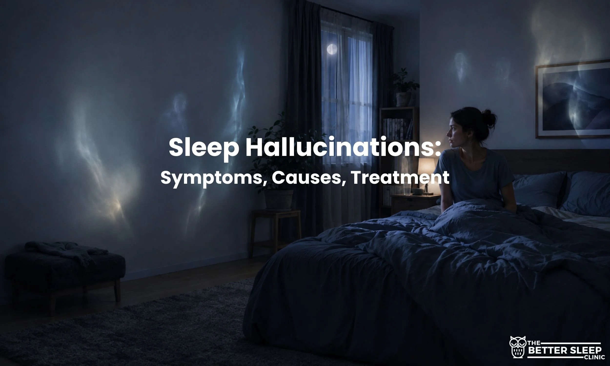 A woman sits awake in a dark bedroom as ghostly light patterns appear on the walls, illustrating sleep hallucinations, with The Better Sleep Clinic logo in the lower-right corner.