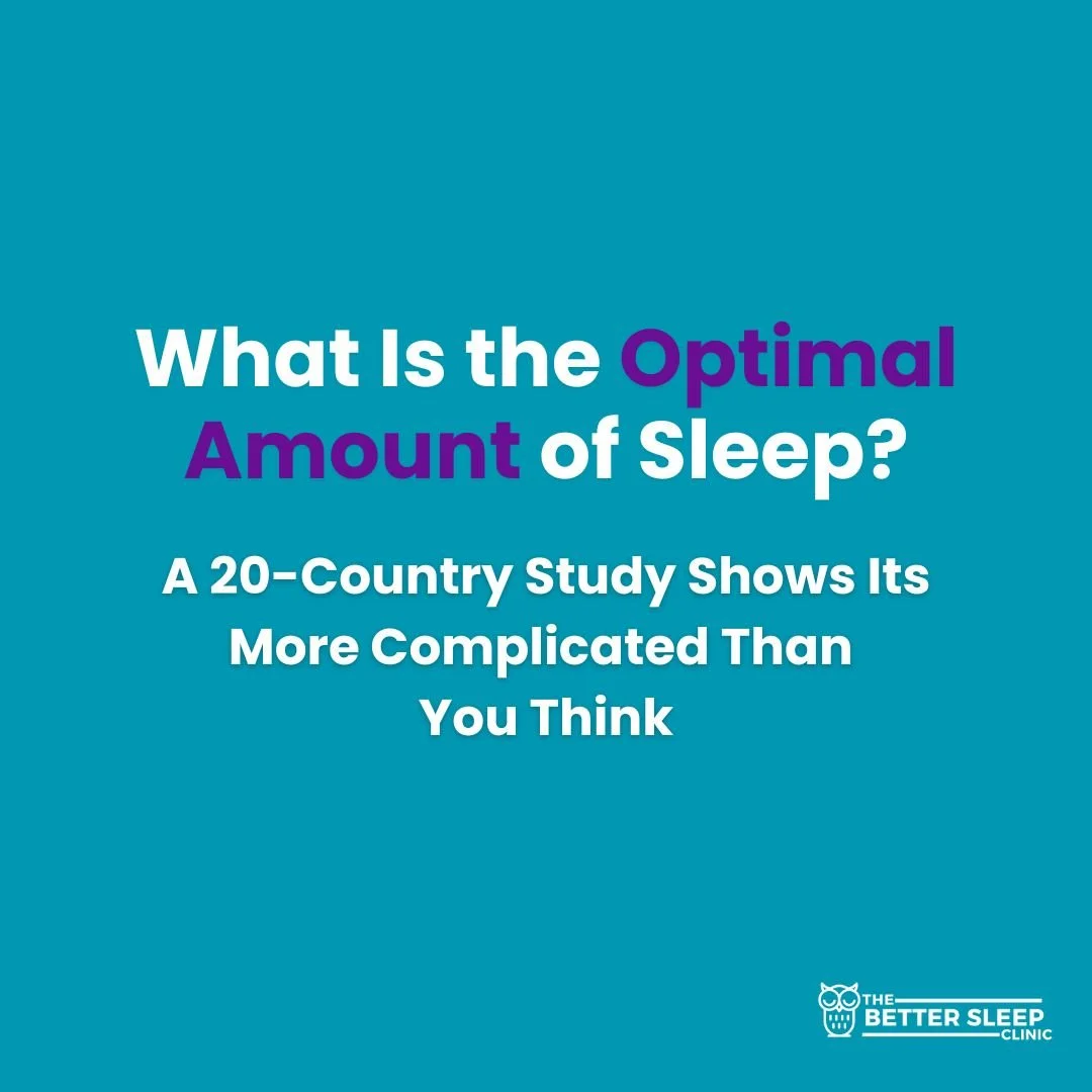 Title image with a teal background reading “What Is the Optimal Amount of Sleep? A 20-Country Study Shows It’s More Complicated Than You Think,” with The Better Sleep Clinic logo in the bottom right.