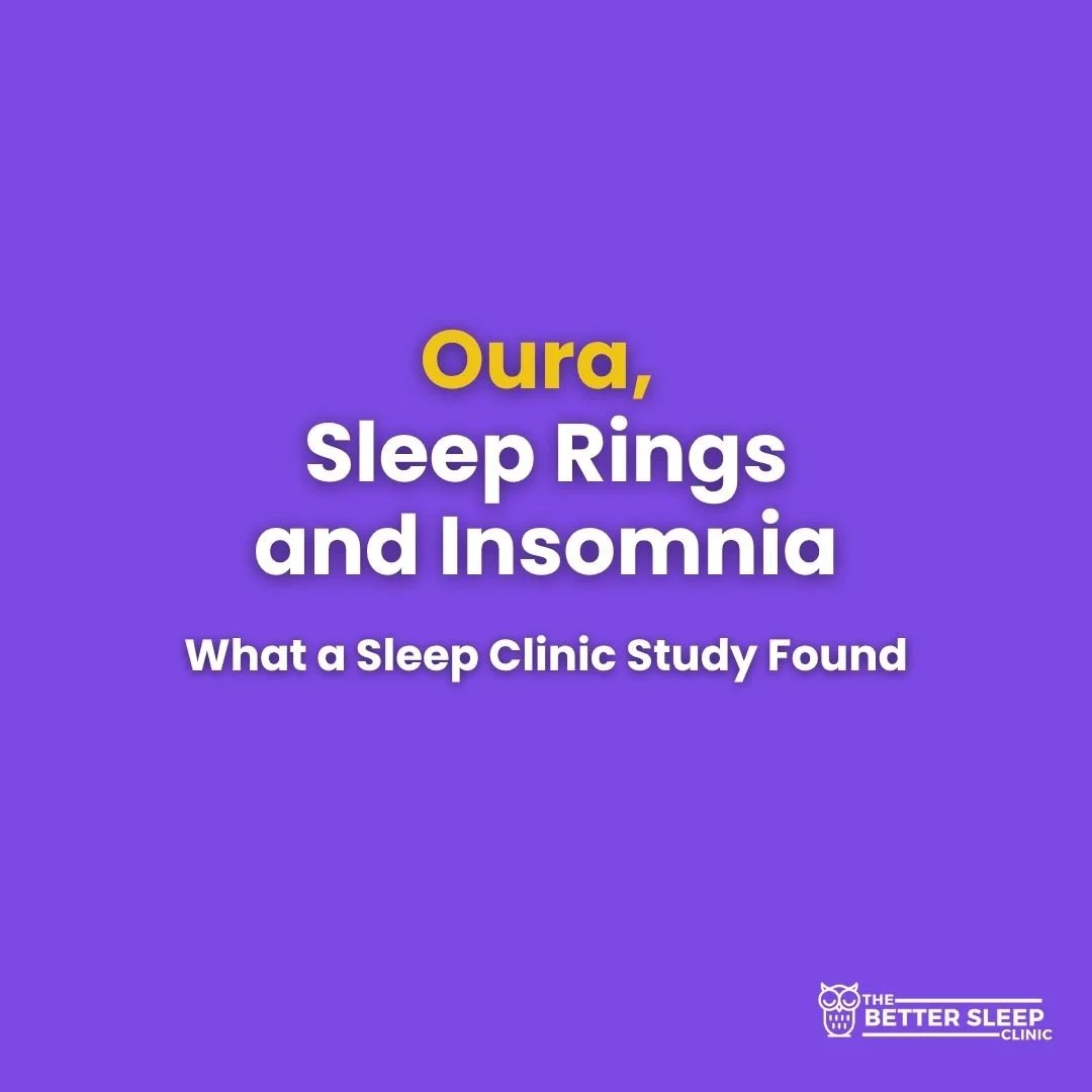 Purple square banner reading “Oura, Sleep Rings and Insomnia: What a Sleep Clinic Study Found”, with “Oura” in yellow, and The Better Sleep Clinic logo in the bottom right corner.