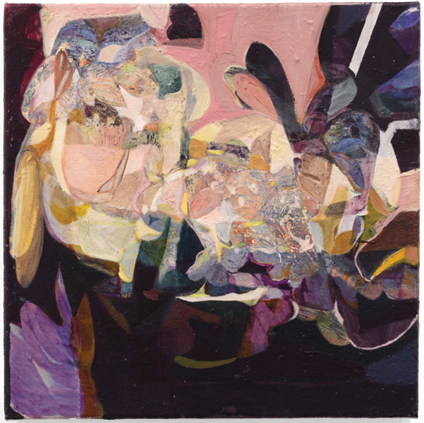 Abstract ink and oil painting titled Cyrus, featuring layered pale pinks, creams, and muted blues over a dark ground, with dense overlapping forms and textured brushwork by Joanne Duggan.