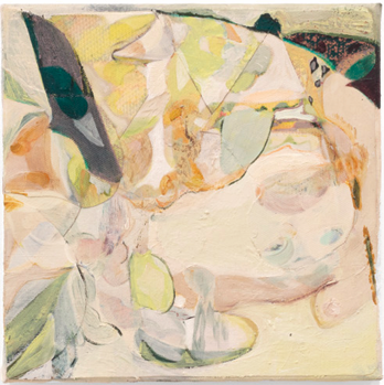Abstract ink and oil painting titled Flowers, with pale yellow, soft green, cream, and muted peach tones, layered translucent forms, and loose gestural marks by Joanne Duggan.