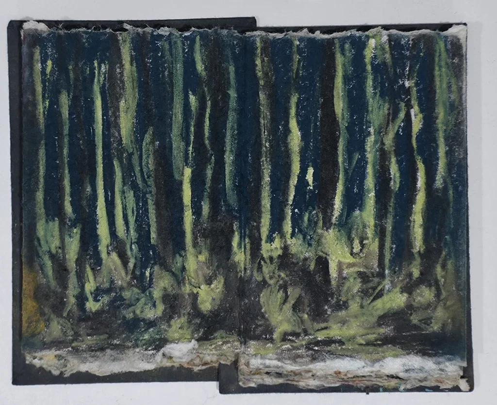 Trees, 2026, Mixed media on  recycled paper,  10 x 230 cm (concertina sketchbook fully extended)