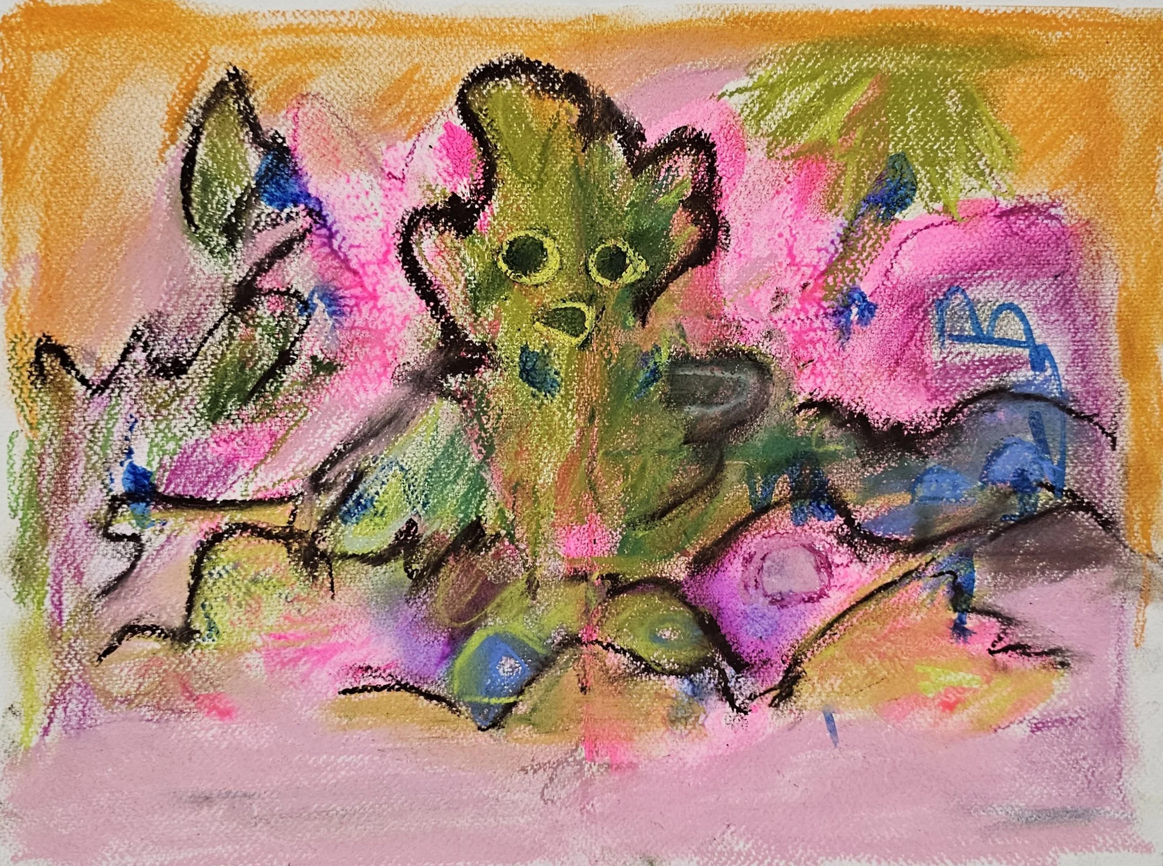 Up on the Hill, 2025, ink, acrylic paint, charcoal and soft pastel on watercolour paper, 38 x 28 cm