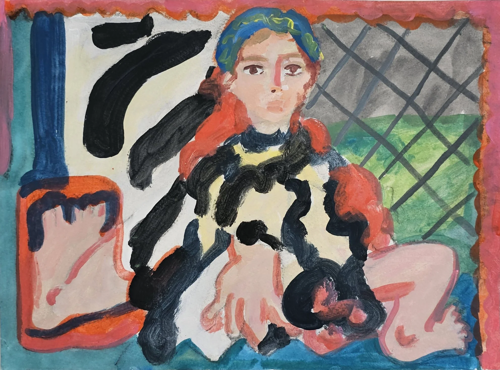 Self portrait, 2025, charcoal and acrylic paint on paper, 38 x 28 cm