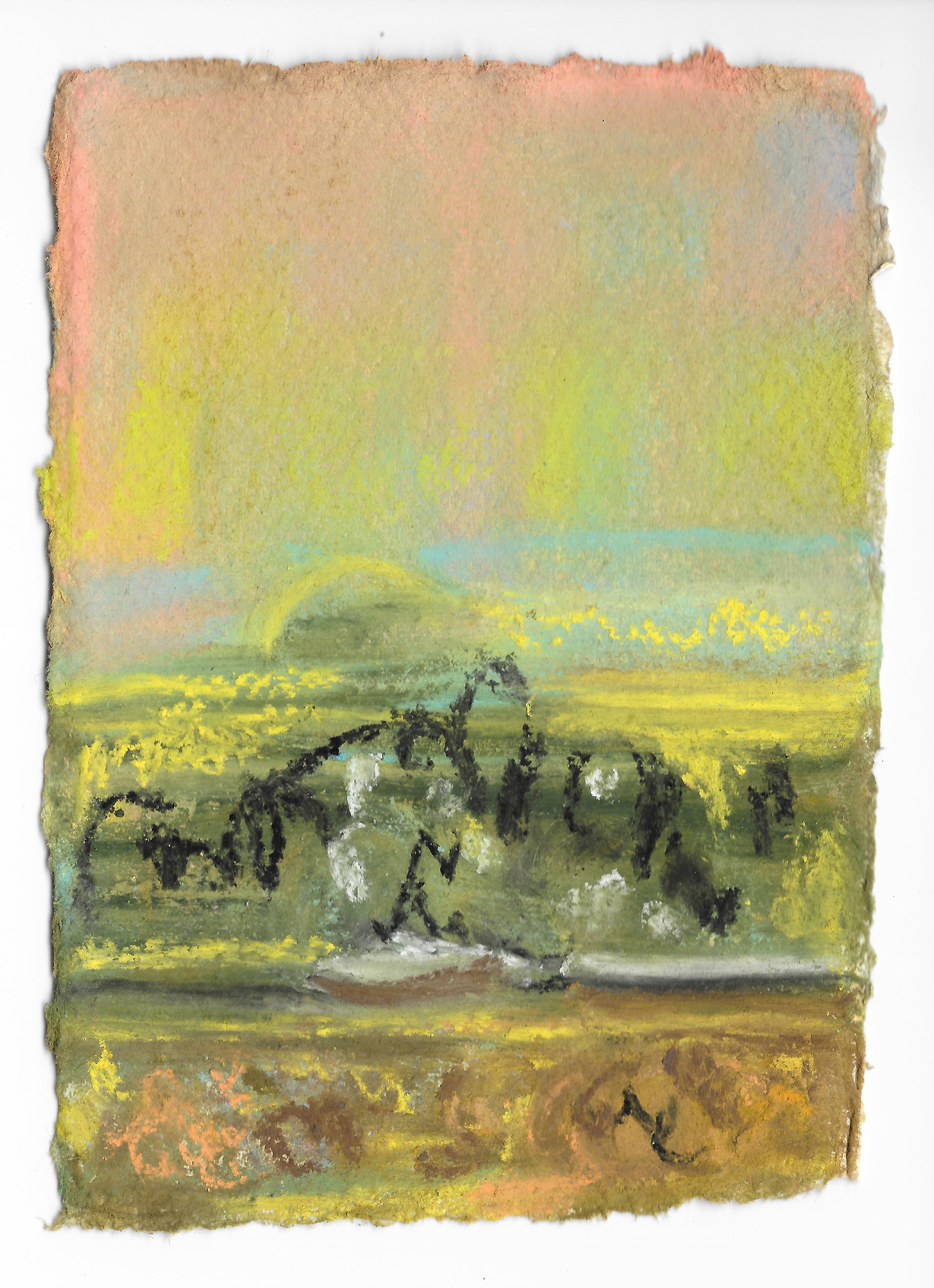 Hedgerow (side mirror view), 2026, watercolour and soft pastel on khadi paper, 16 x 11 cm