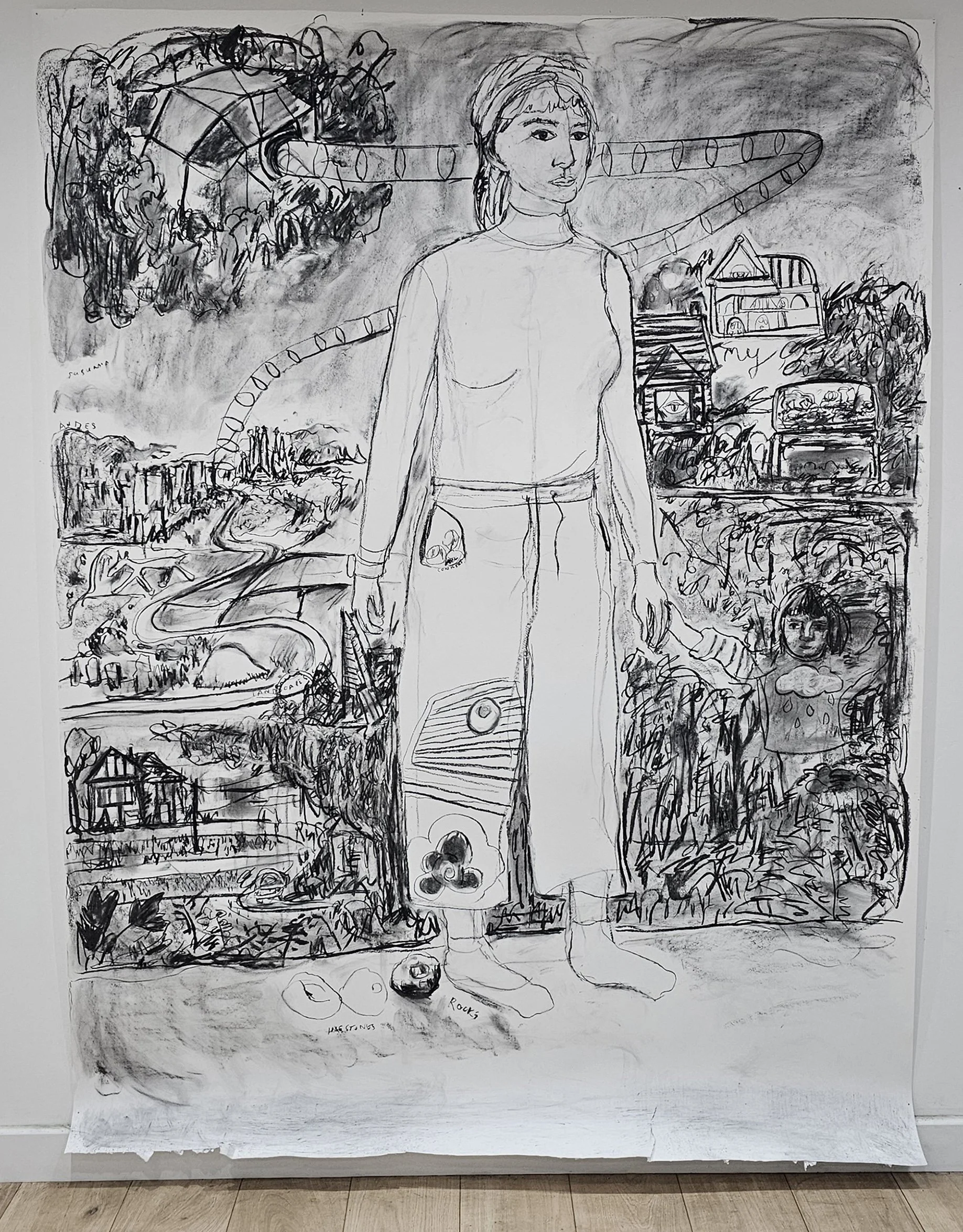 Untitled (self portrait with Astrid), 2025, charcoal on paper, 200 x 150cm