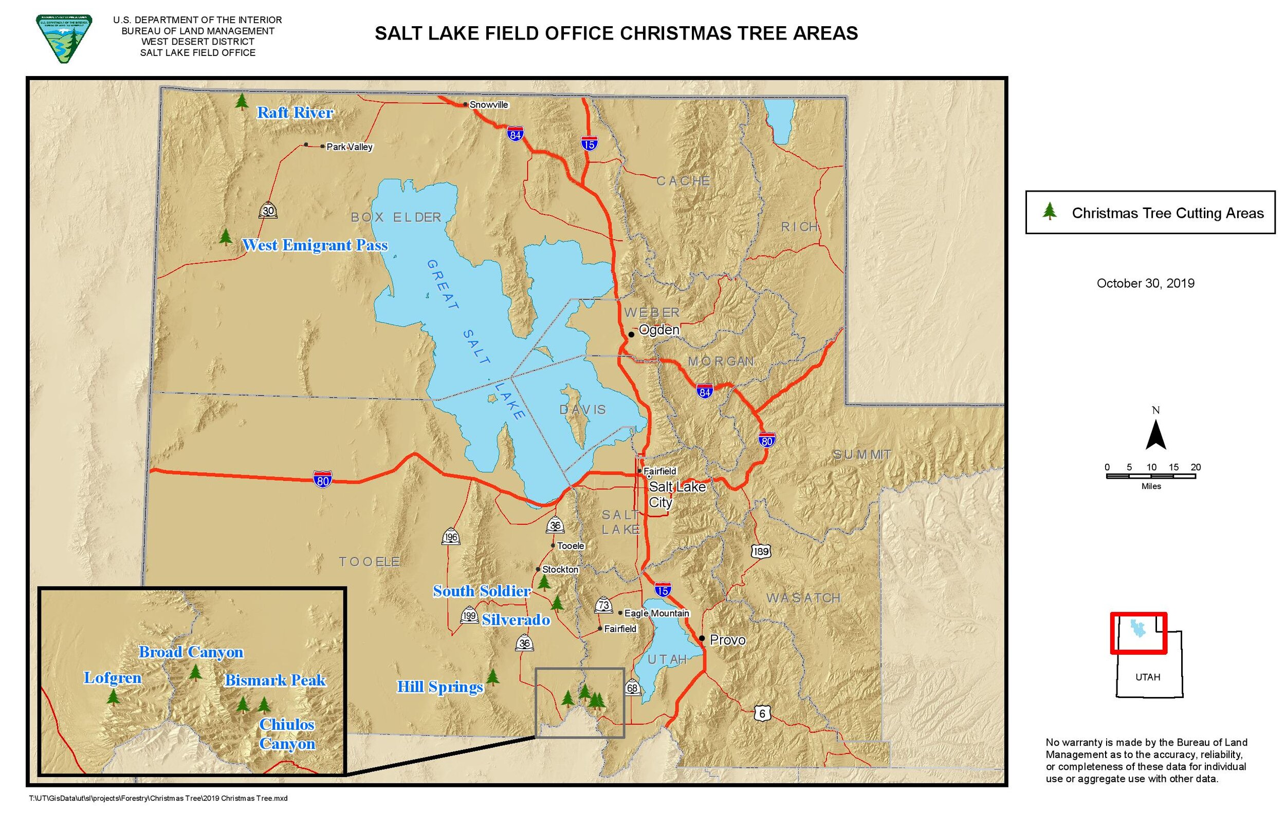 A map of Christmas tree cutting locations around Salt Lake City