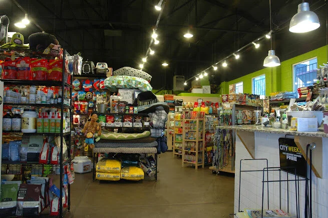 A well stocked pet store featuring pet beds, toys, and grooming supplies. The store has a lime green accent wall.