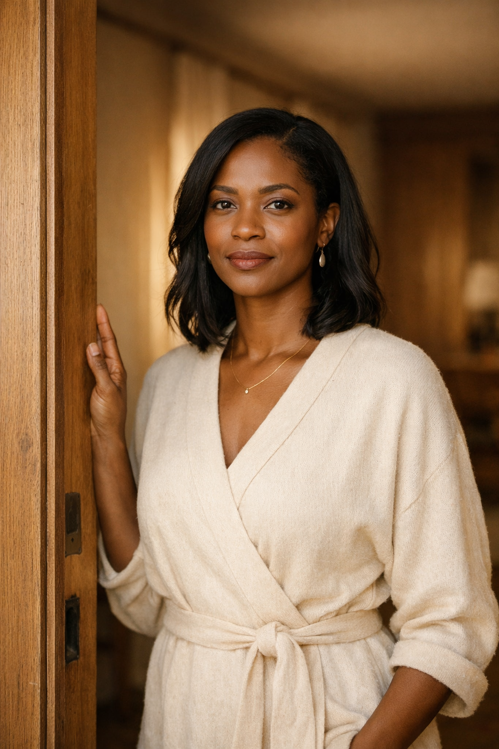 Christian woman standing in a doorway representing identity and transition in a new season.