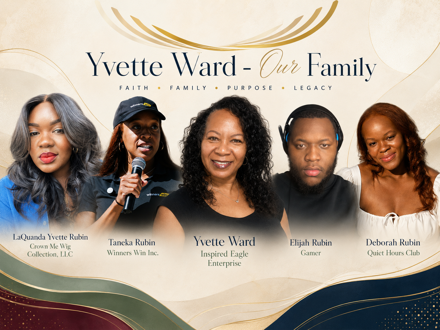 A poster for Yvette Ward's family showcase featuring five individuals, including Yvette Ward in the center, with her family members on either side, with the words 'Yvette Ward - Our Family' and keywords 'Faith, Family, Purpose, Legacy' at the top.