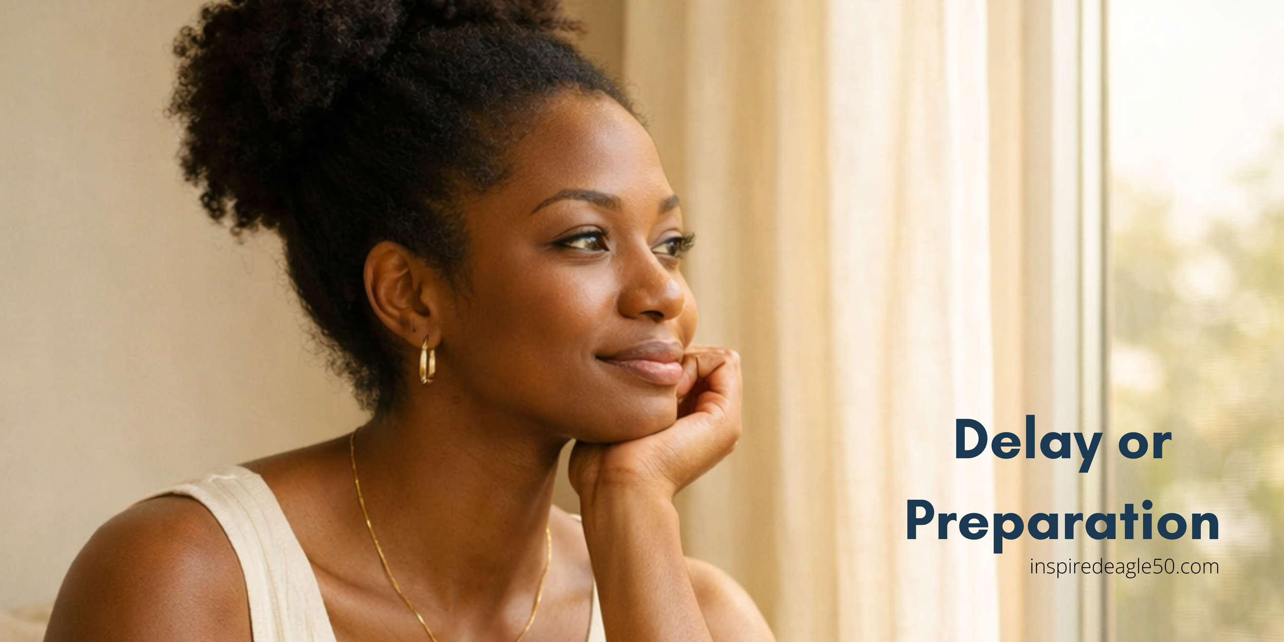 Black woman sitting peacefully by a window in a quiet moment of reflection representing a season of preparation and waiting on God