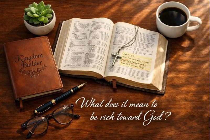 Study Bible about being rich toward God with journal, pen, coffee, glasses