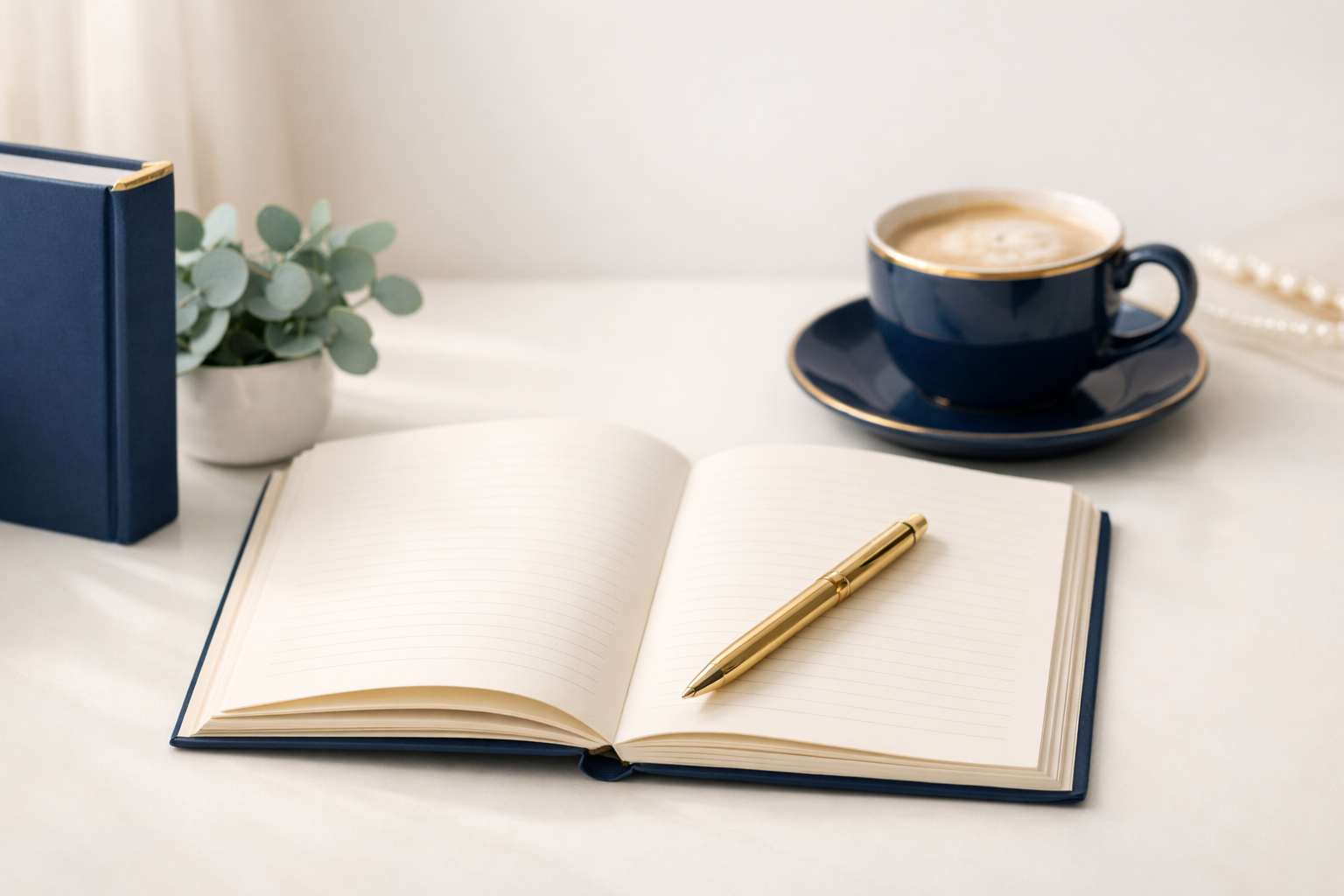 Elegant desk with journal and coffee
