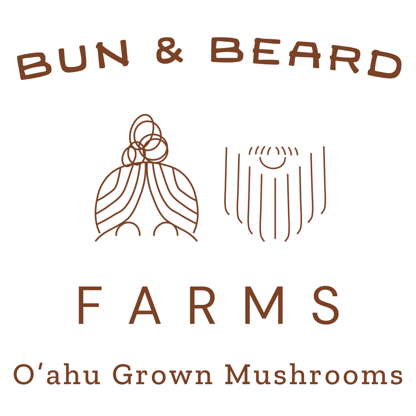Logo for Bun & Beard Farms with abstract line drawings of a bun and a beard, and the text 'Bun & Beard Farms' and 'O'ahu Grown Mushrooms'.