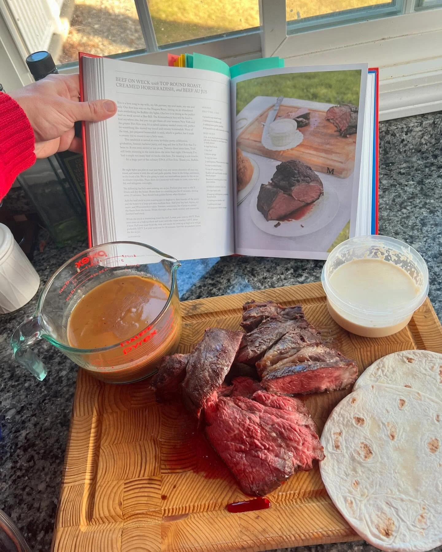 Hey @mattymatheson this is yummy. The au jus made from bone marrow broth, a delicious horseradish cream, and a perfectly reverse roasted chuck roast (fattier than top round) were absolutely perfect. I put them on a tortilla too because I hate rye bre