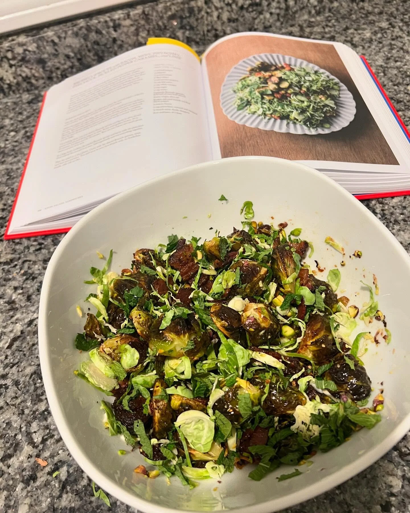 Another one from @mattymatheson !
.
.
.
Brussels sprout salad with bacon, pistachio, mint, and a sweet and spicy pepper dressing. As you can see, this was approved by @nickymangz (and of course @the.a.ware ) which is a huge achievement! Keep followin
