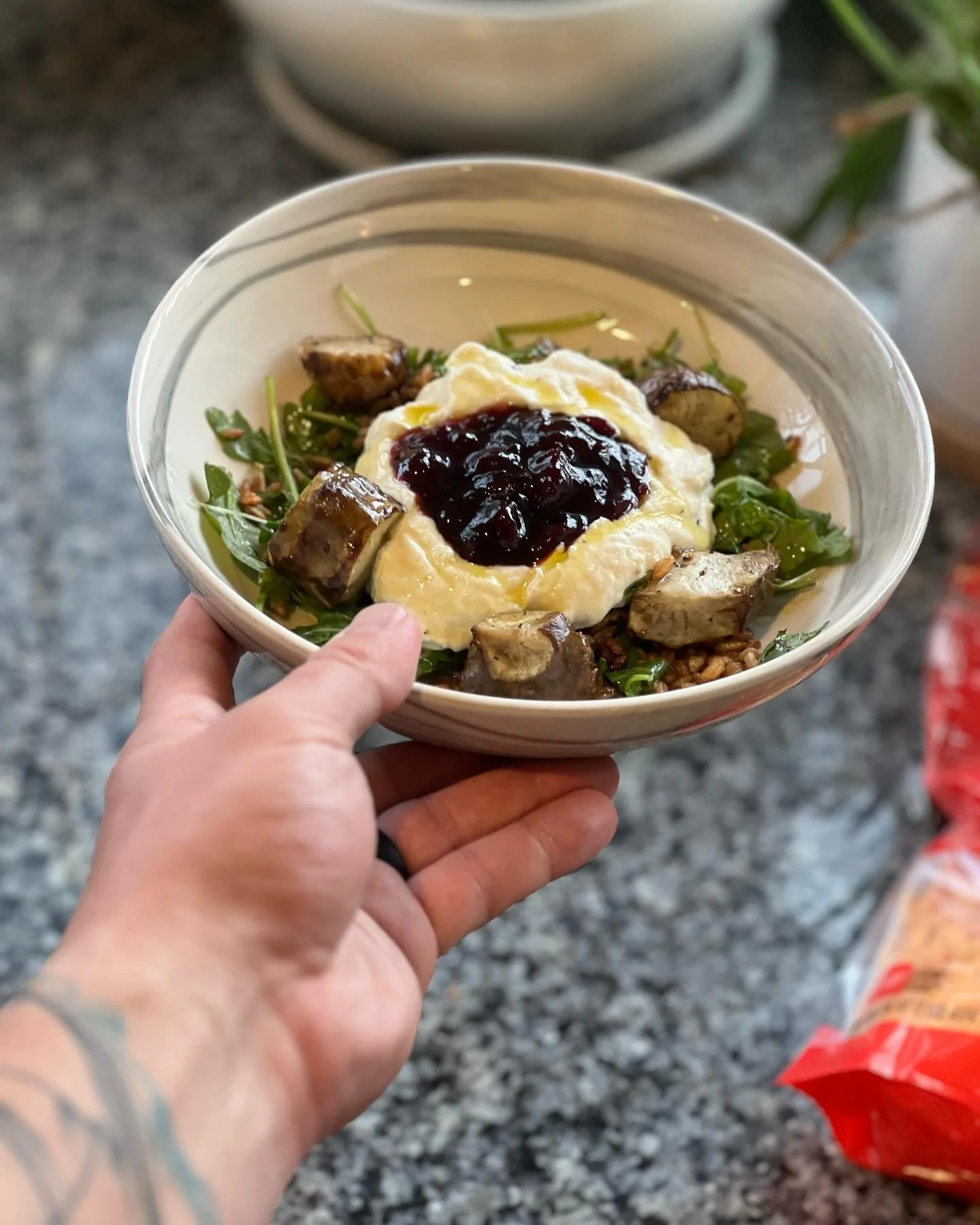 Another recipe from @mattymatheson &lsquo;s new recipe book &ldquo;Soups Salads Sandwiches&rdquo;.
.
.
.
This salad is a Roasted Farro and Sunchoke salad. I mixed in baby arugula, arugula micros, torn mint and topped with ricotta and Bonne Mamman Che
