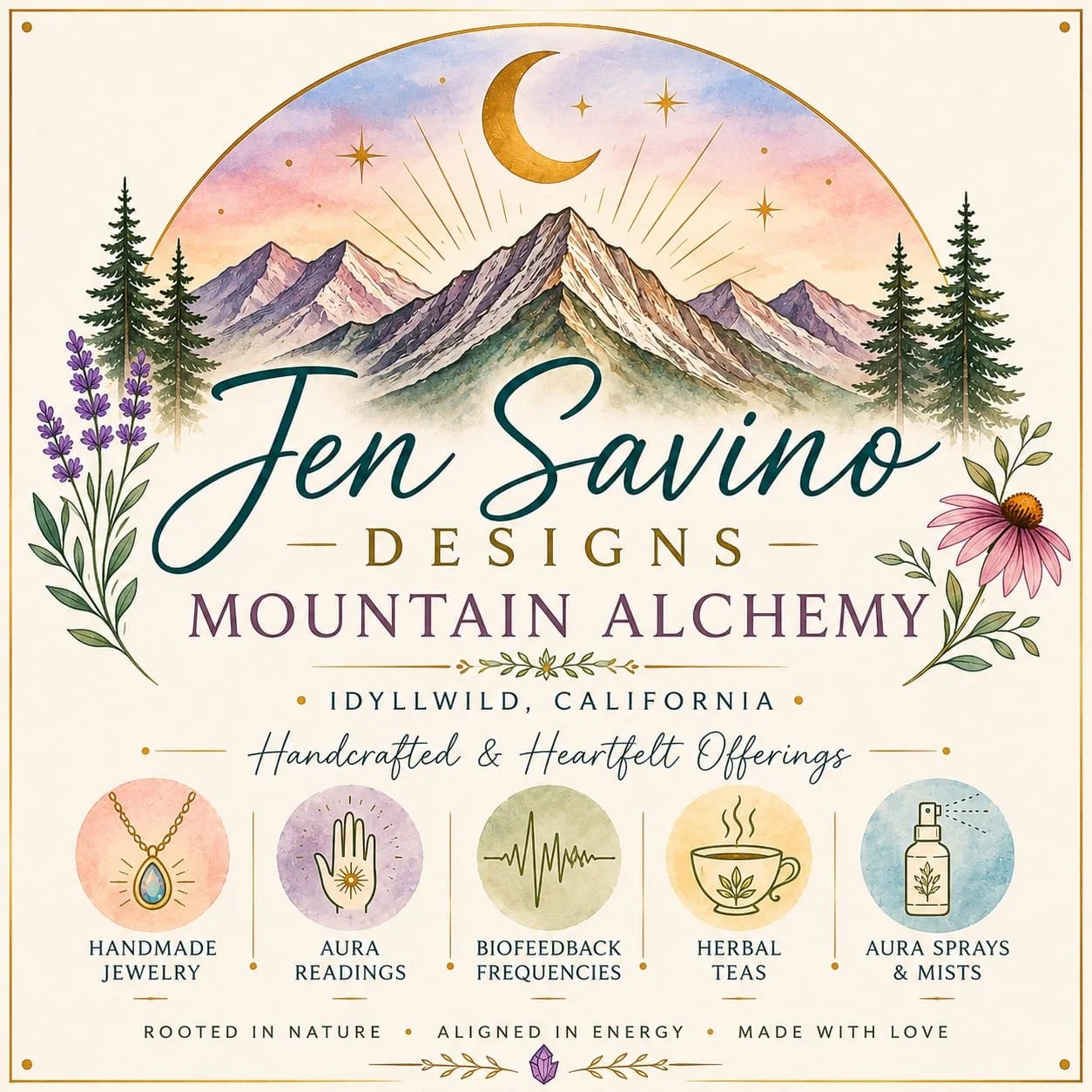 A colorful poster advertising Jen Savino Designs, Mountain Alchemy in Idyllwild, California. Features a mountain scene with pine trees, flowers, stars, and a moon. Mentions handcrafted jewelry, aura readings, biofeedback frequencies, herbal teas, and