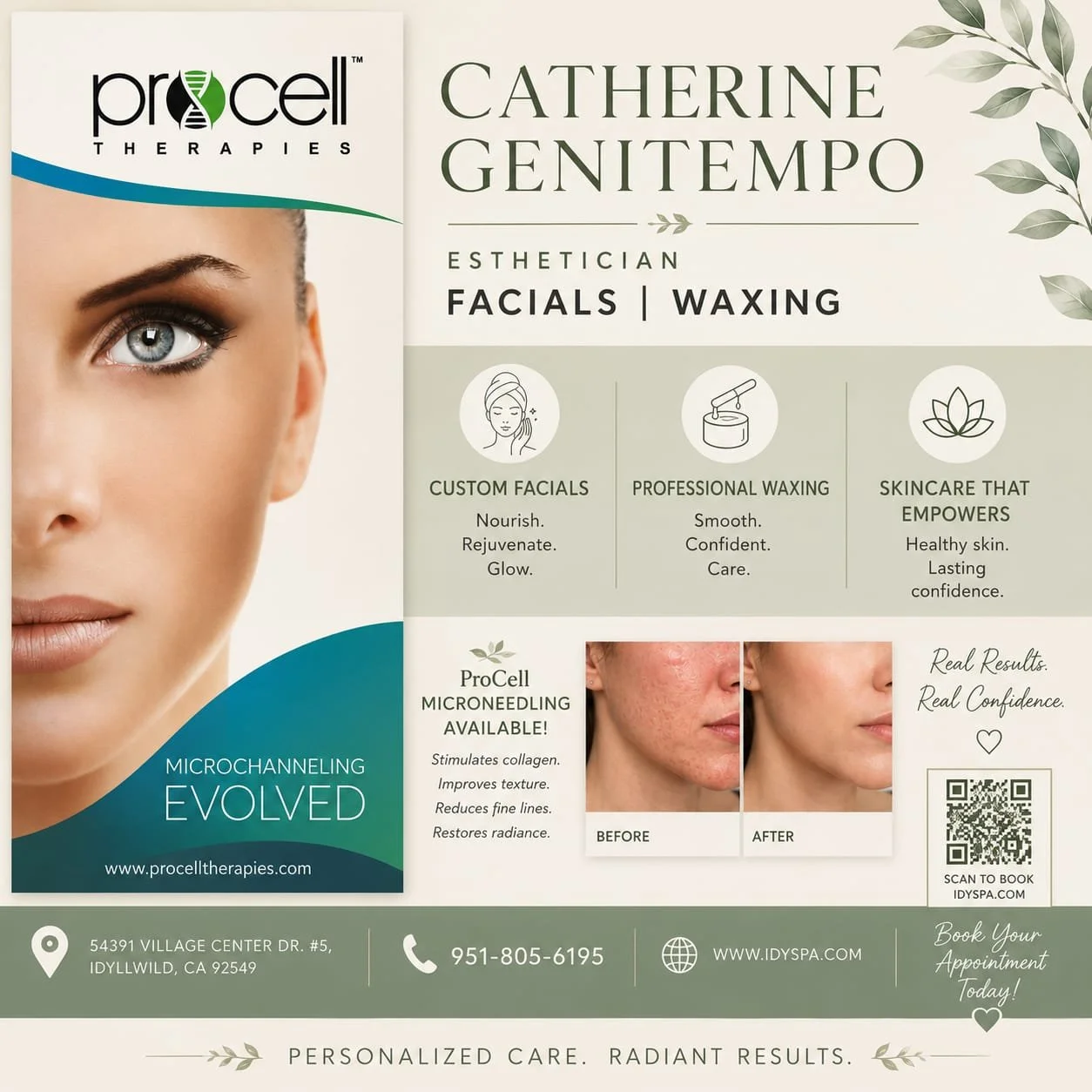 Promotional flyer for ProCell Therapies featuring esthetician Catherine Genitempo offering facials and waxing services. The flyer highlights custom facials, professional waxing, skincare empowerment, and microchanneling technology with before and aft