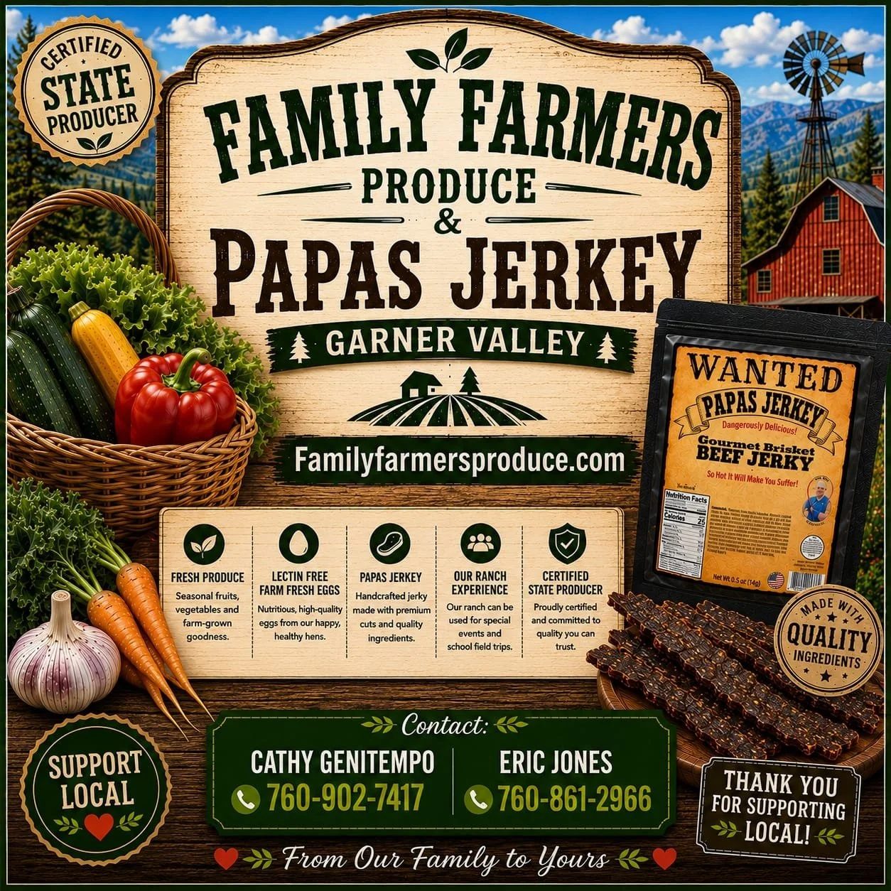 A farm produce advertisement from Family Farmers Produce in Garner Valley featuring fresh vegetables including lettuce, carrots, garlic, zucchini, and bell peppers in a basket, alongside packages of pork jerky and beef jerky, with contact information