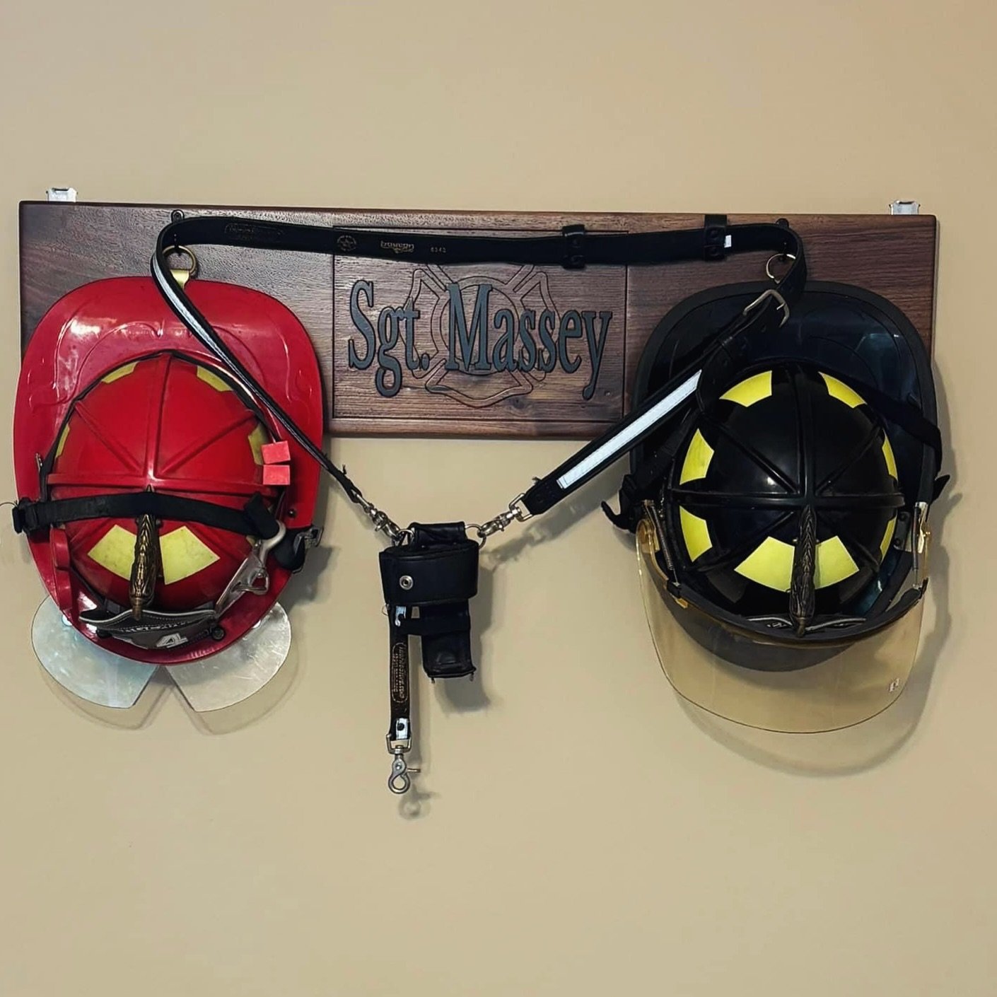 An old coworker wanted to have a way to show off his fire helmets at his house. This projects was fun to make.