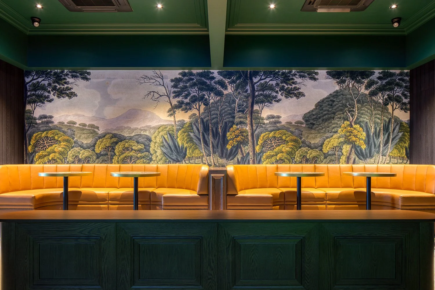 Queens Hotel Brisbane interior designed by Liife Architecture — amber leather banquettes, landscape mural feature wall, dark timber bar in foreground.
